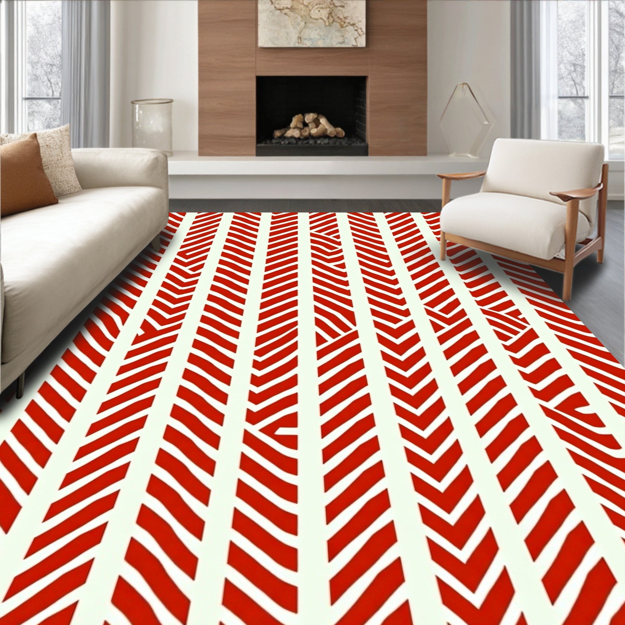 Red Cream Herringbone Stripes Rug
