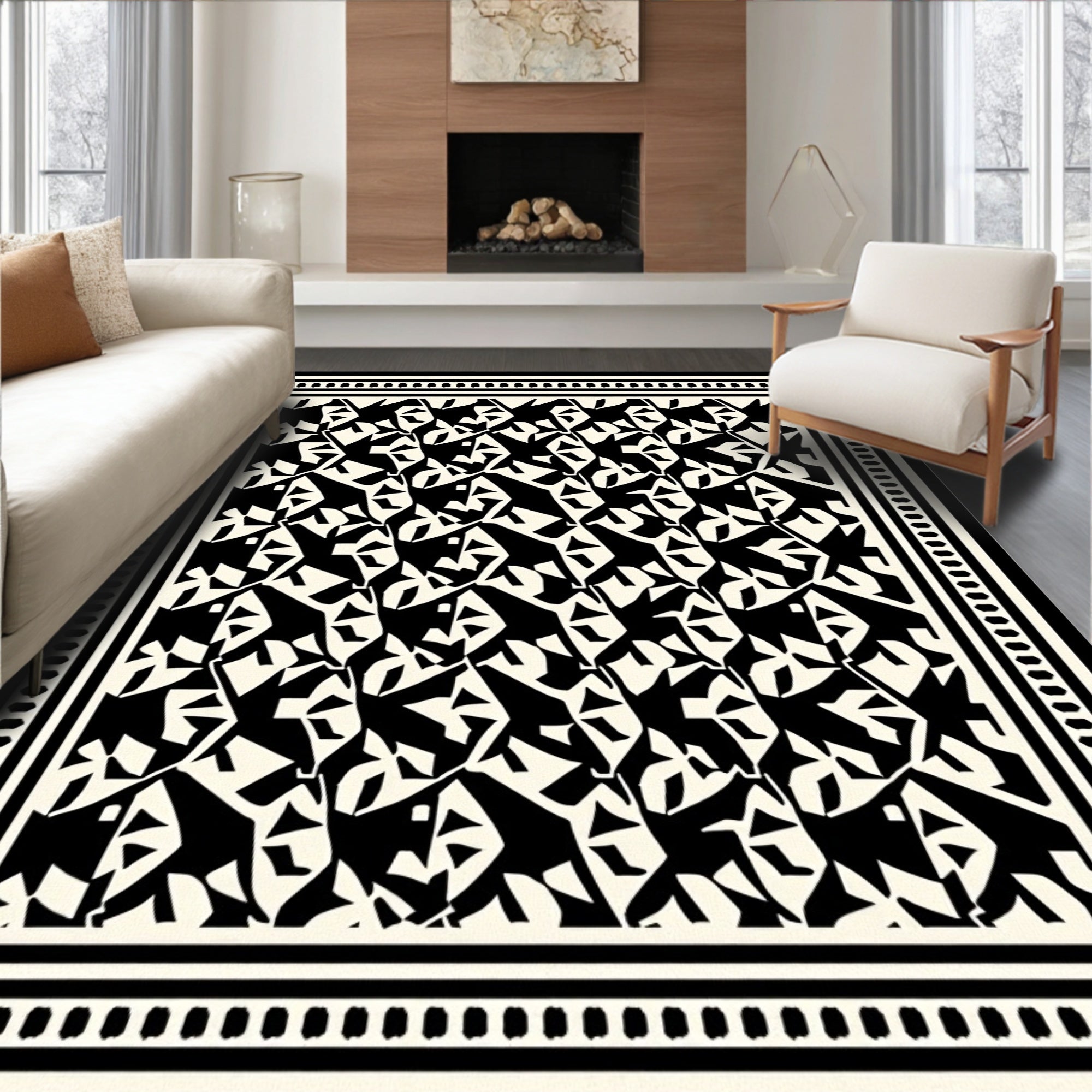 Abstract Black White Geometric Pattern Rug