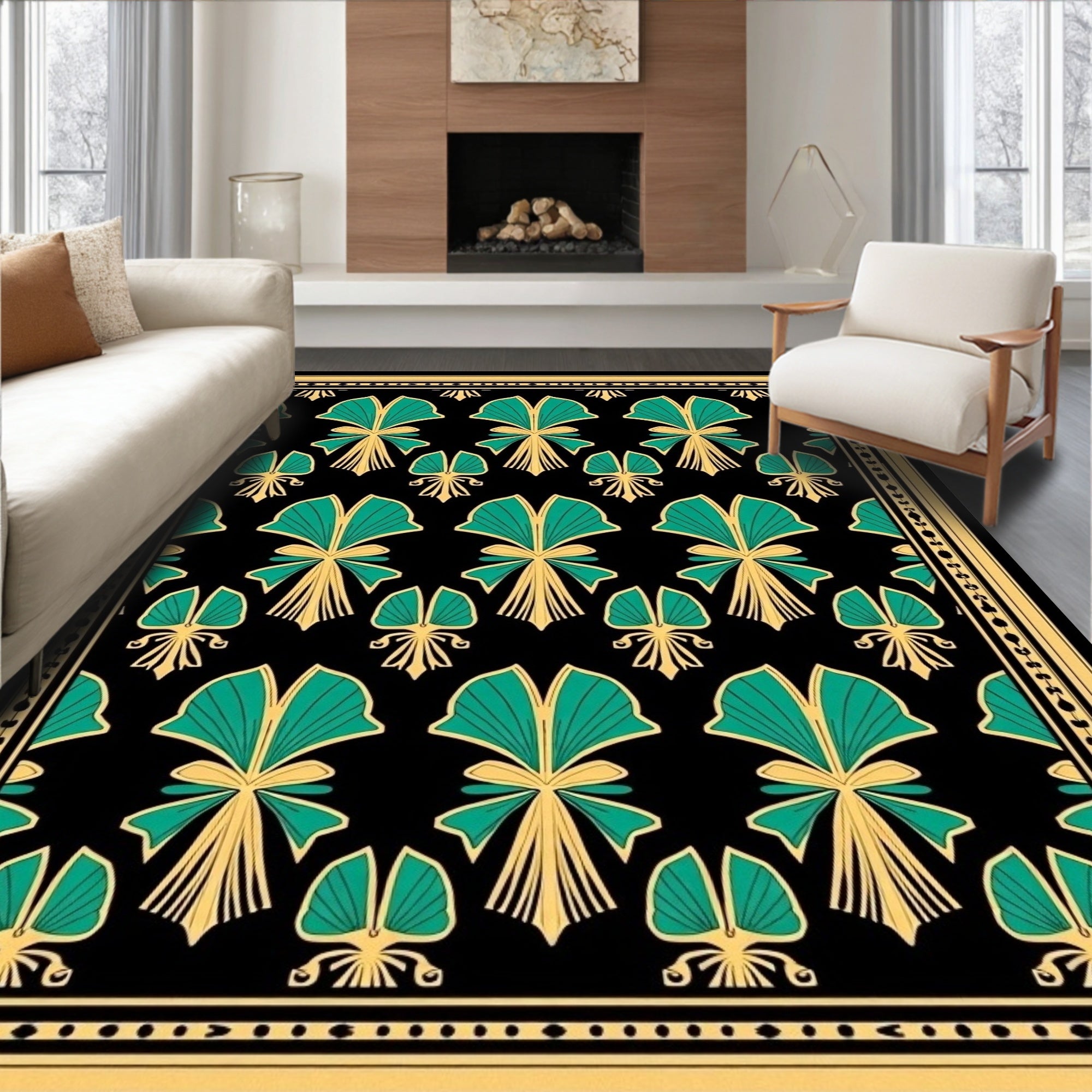 Elegant Gold Green Fan Pattern Rug