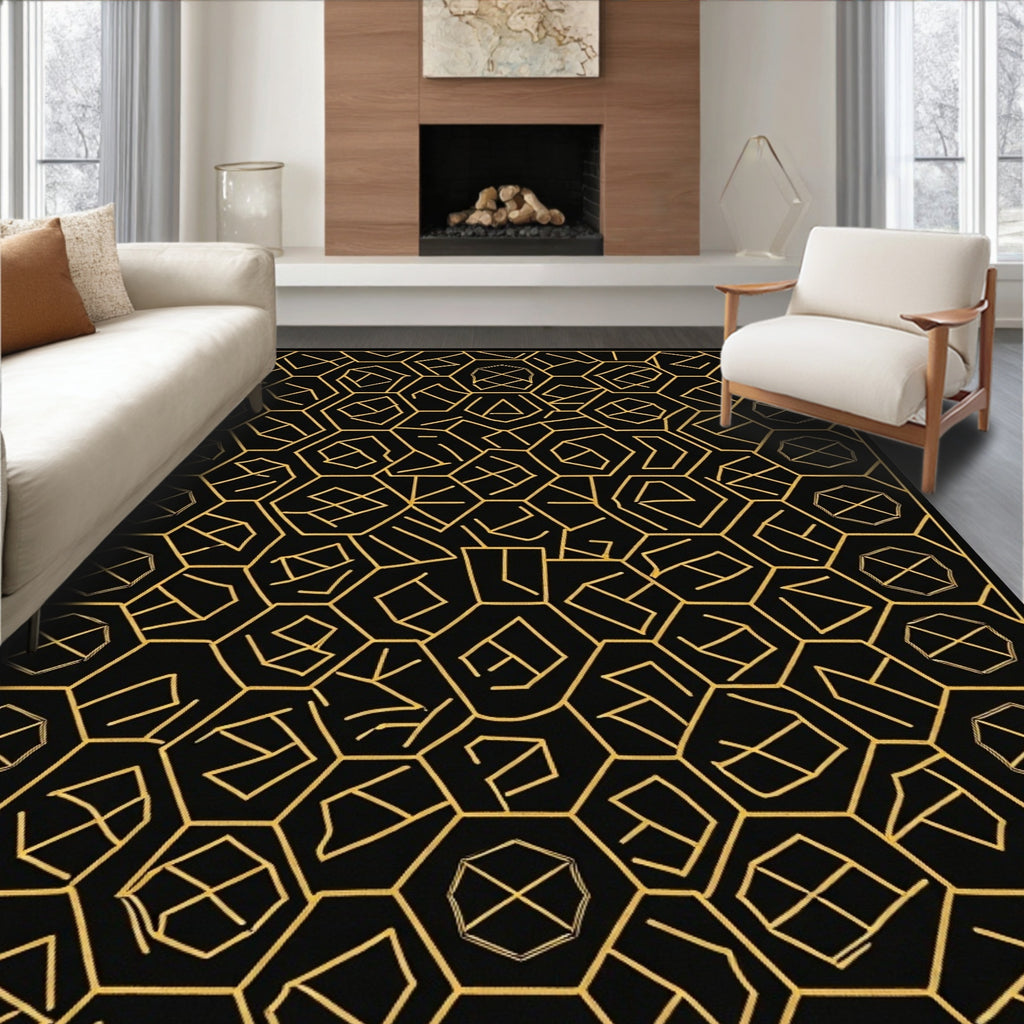Geometric Honeycomb Gold Line Art Rug