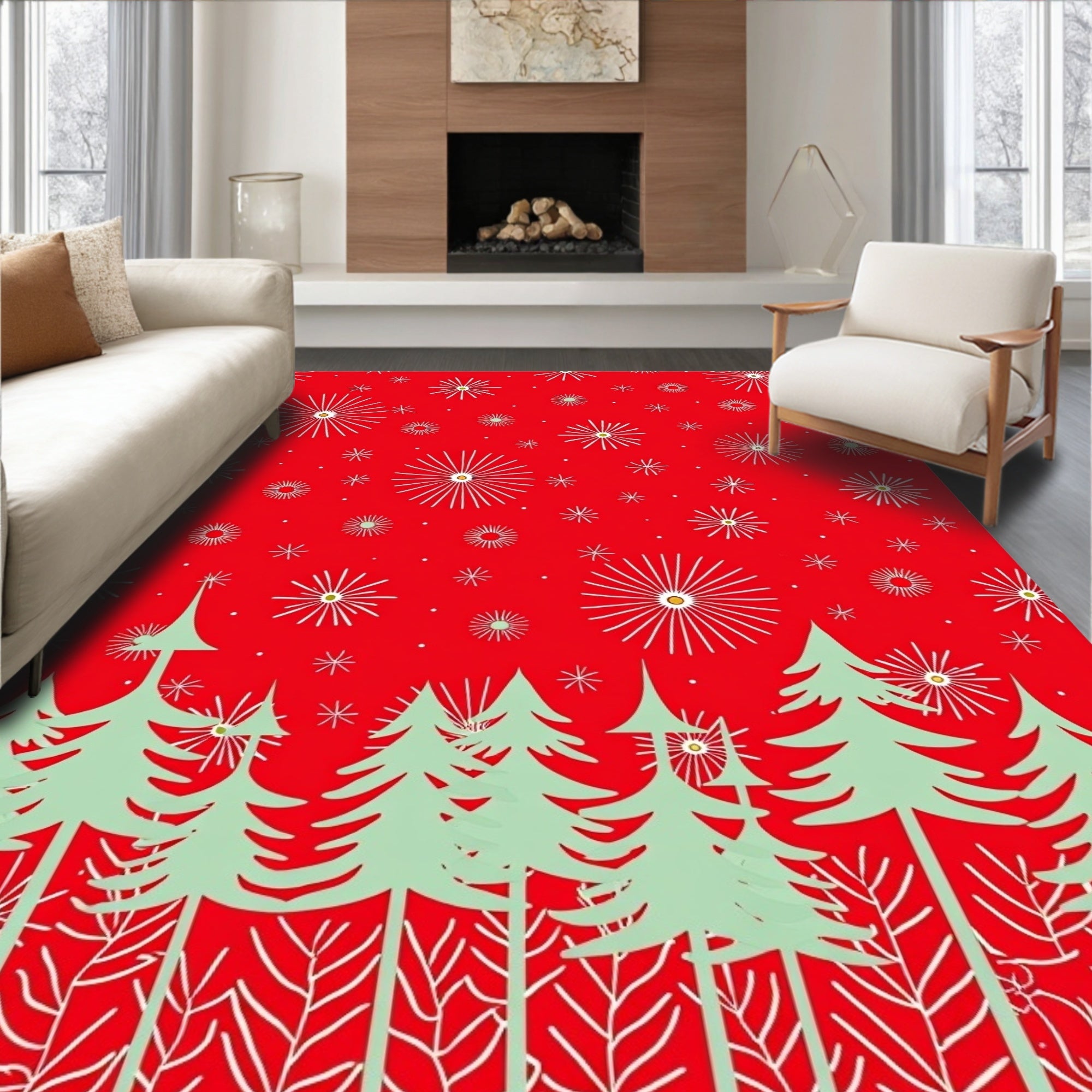 Festive Evergreen Tree Starburst Design Rug