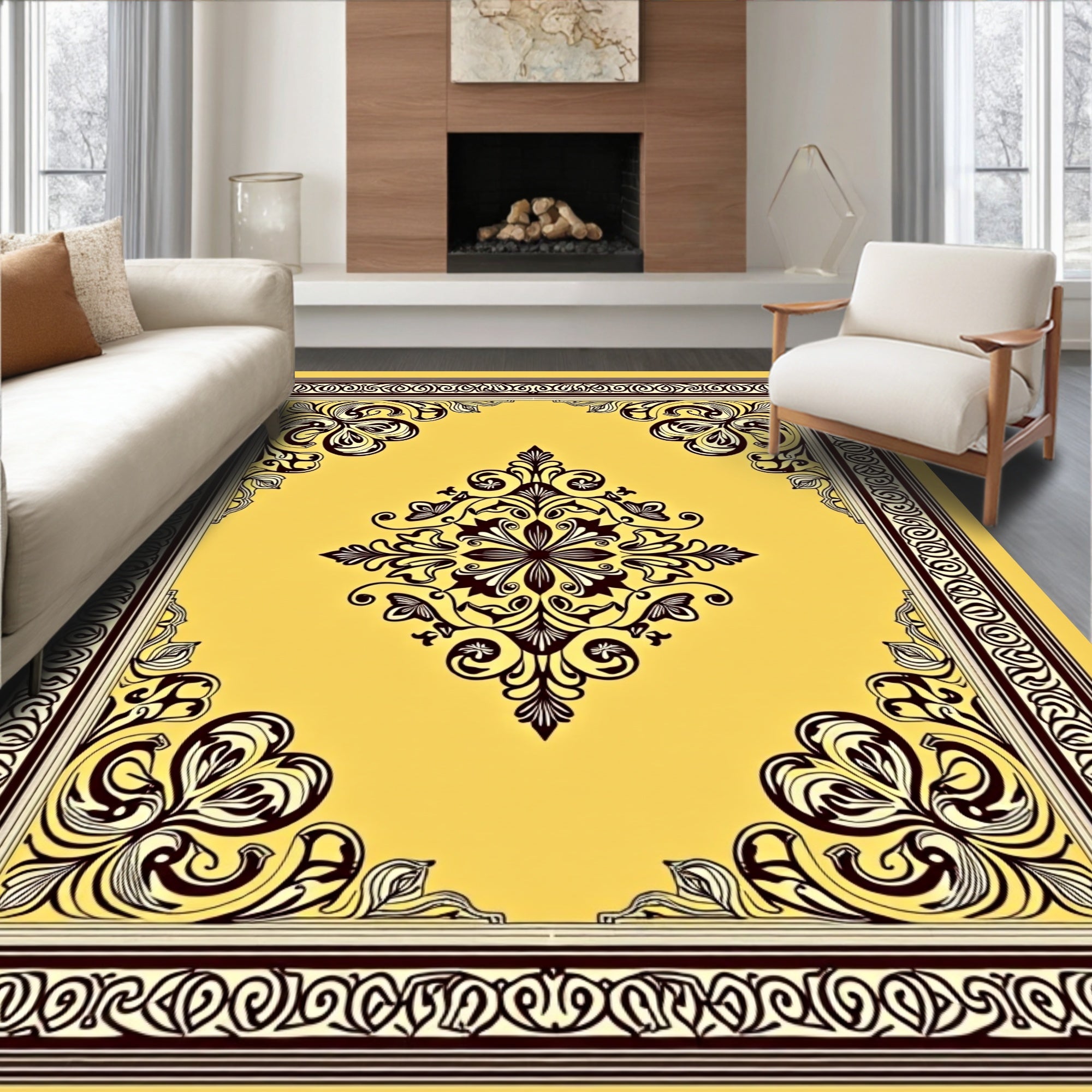 Elaborate Yellow Dark Brown Scroll Rug
