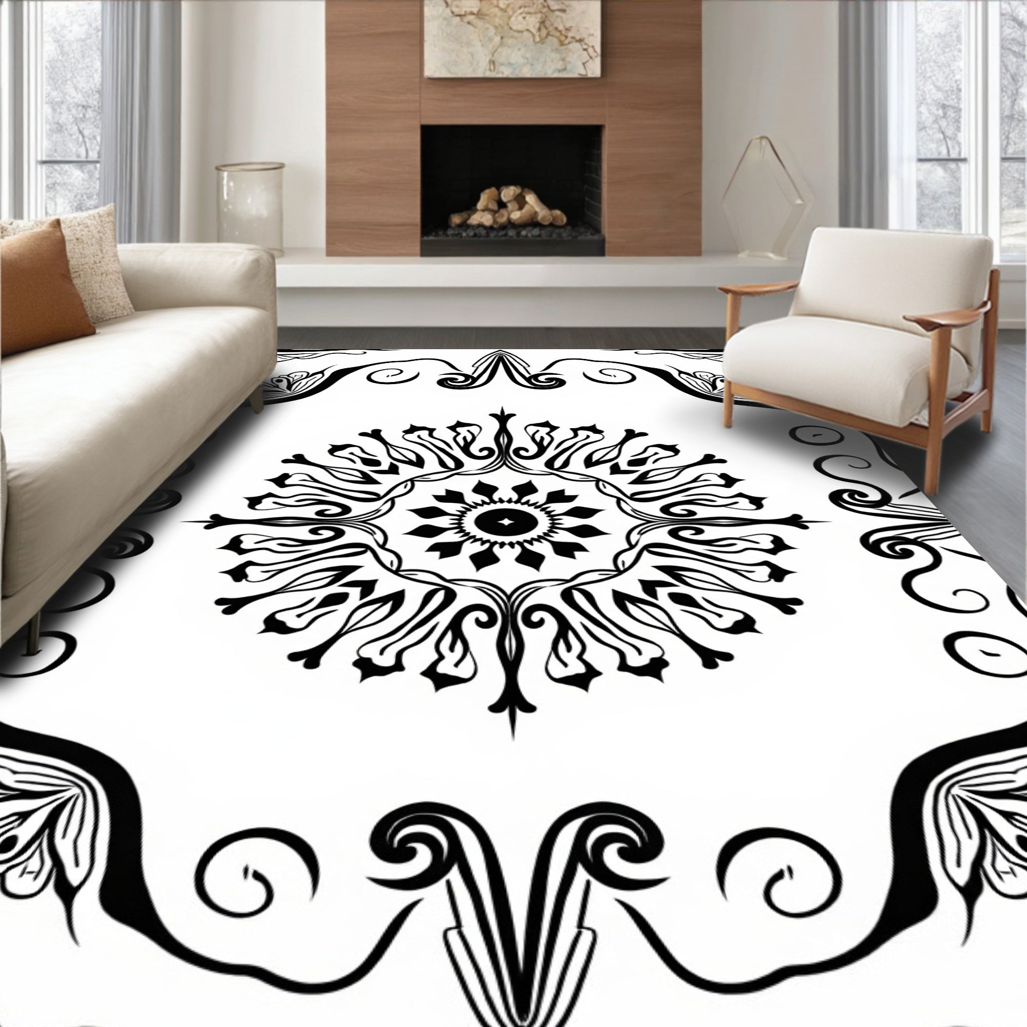 Bold Black Floral Mandala Design Rug