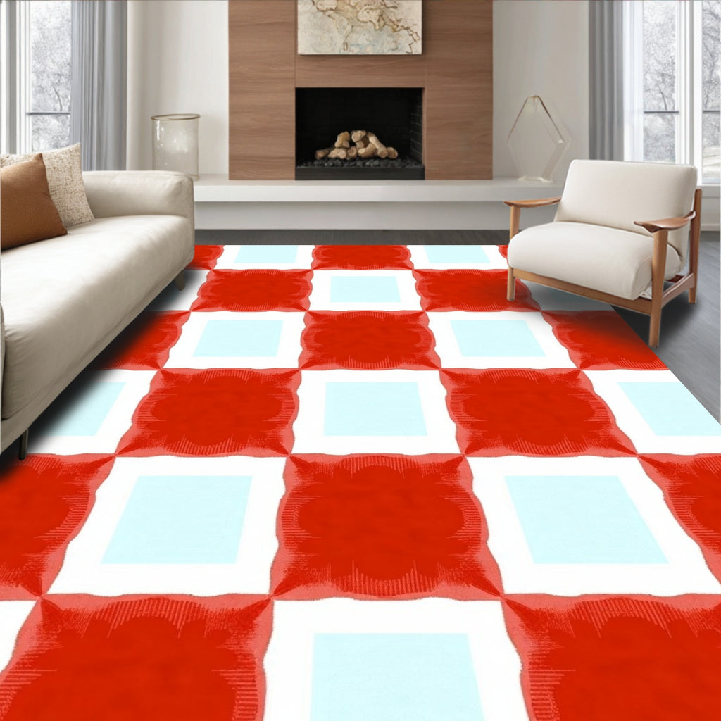 Checked Red And White Pattern Rug