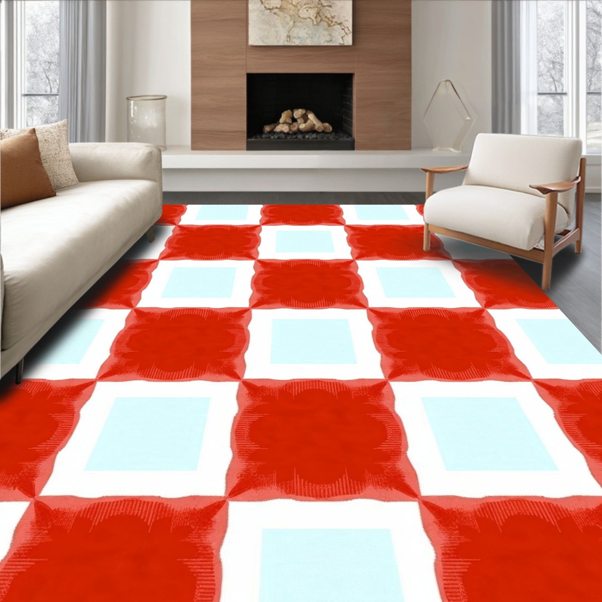 Checked Red And White Pattern Rug