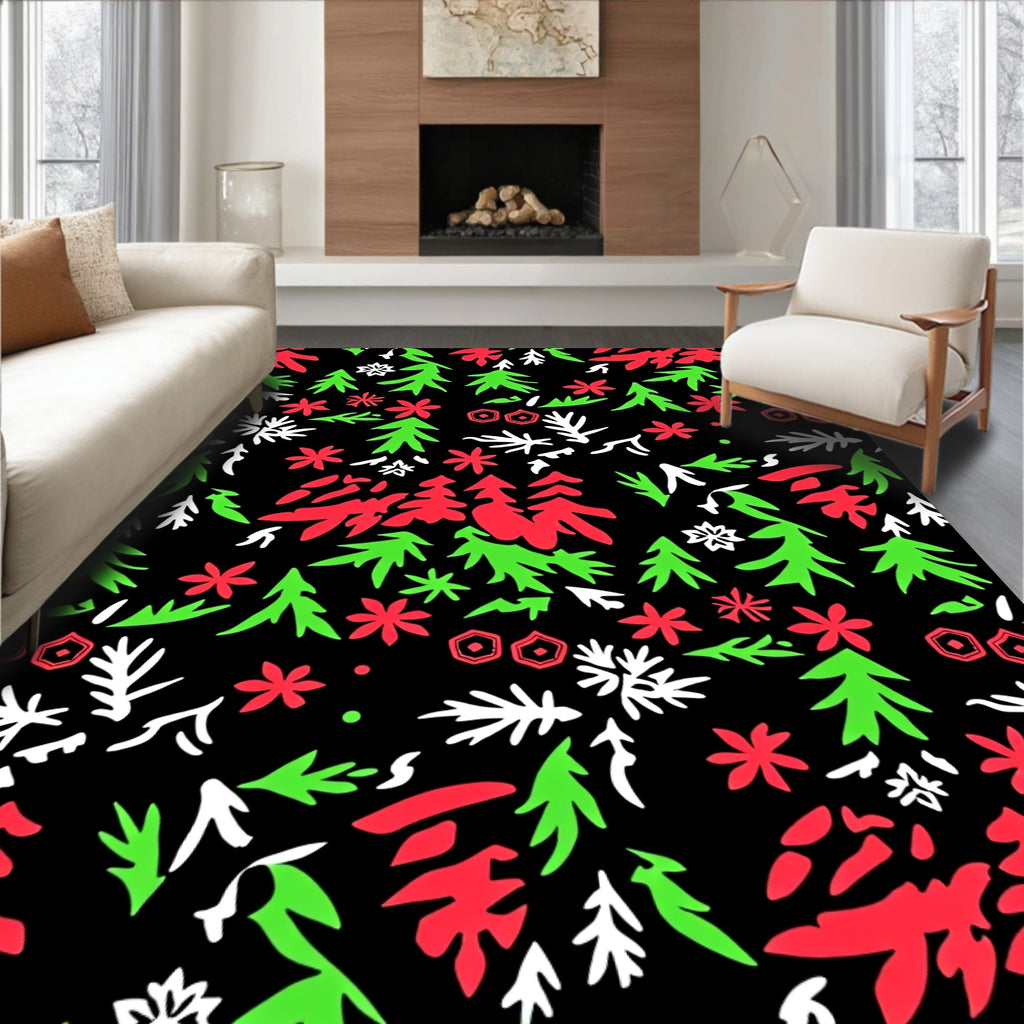 Festive Red Green Snowfall Trees Rug