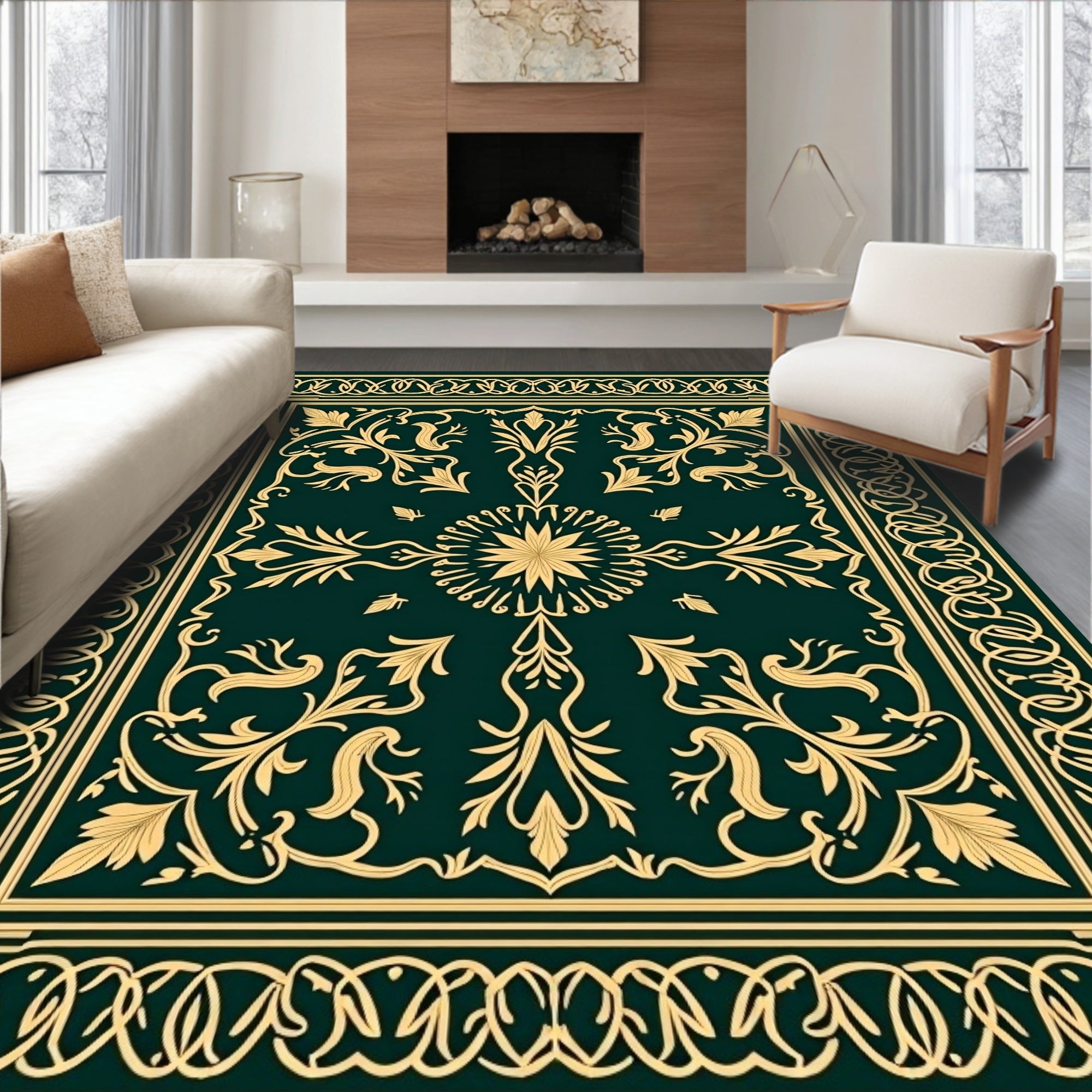 Ornate Gold Floral Swirl Pattern Rug