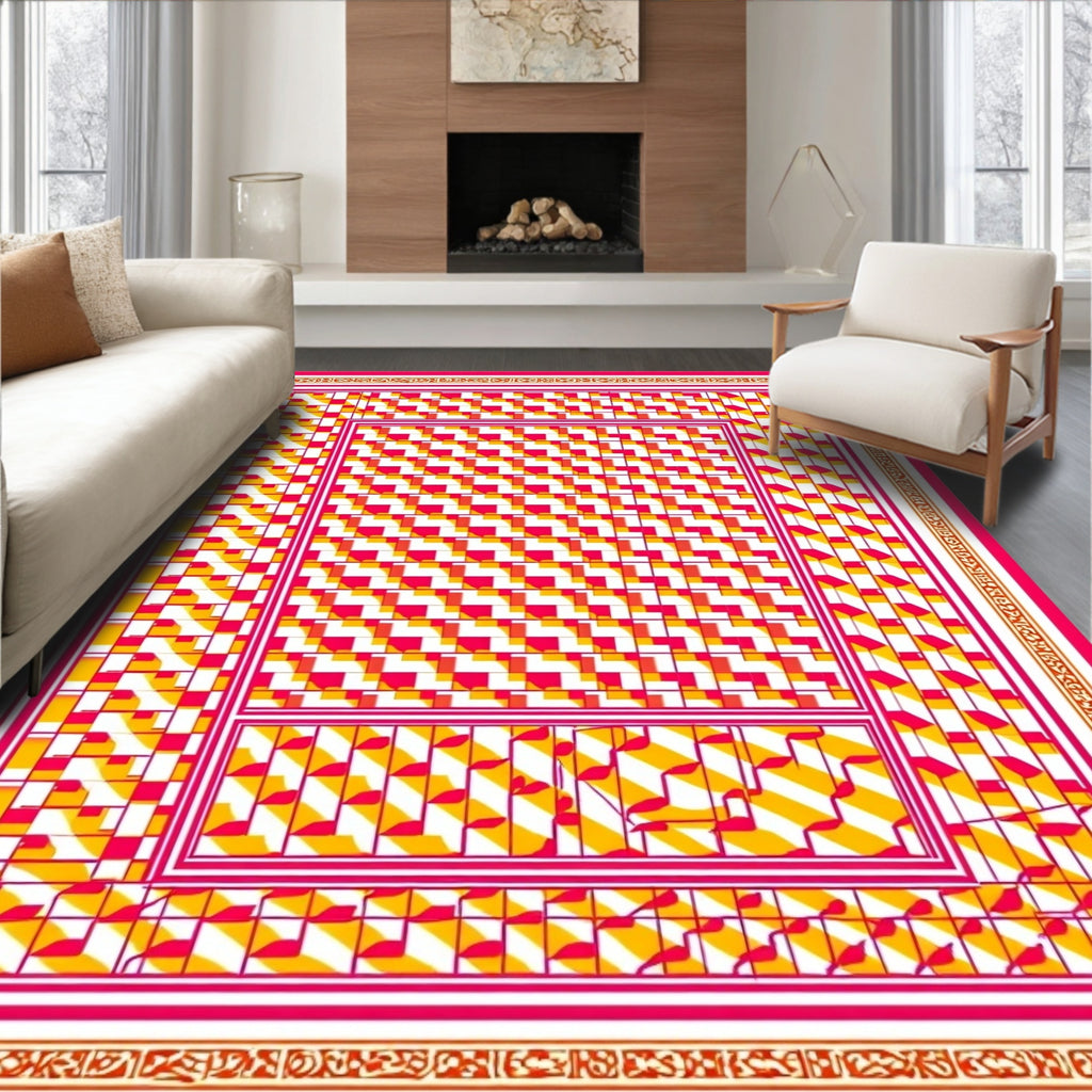 Pink Yellow Abstract Geometric Pattern Rug