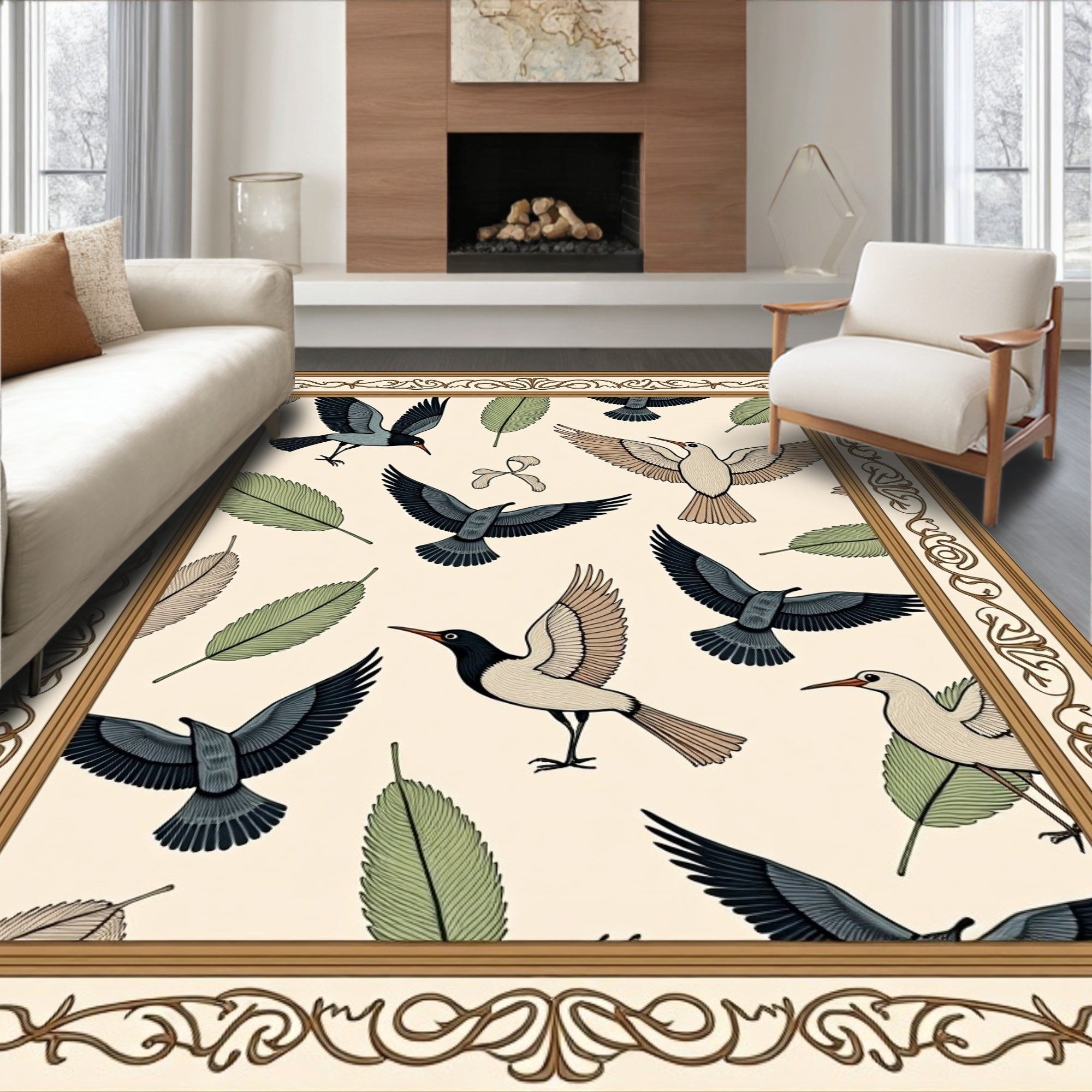 Ornate Bird Leaf Pattern Design Rug