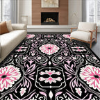 Ornate Pink Floral Black Garden Rug