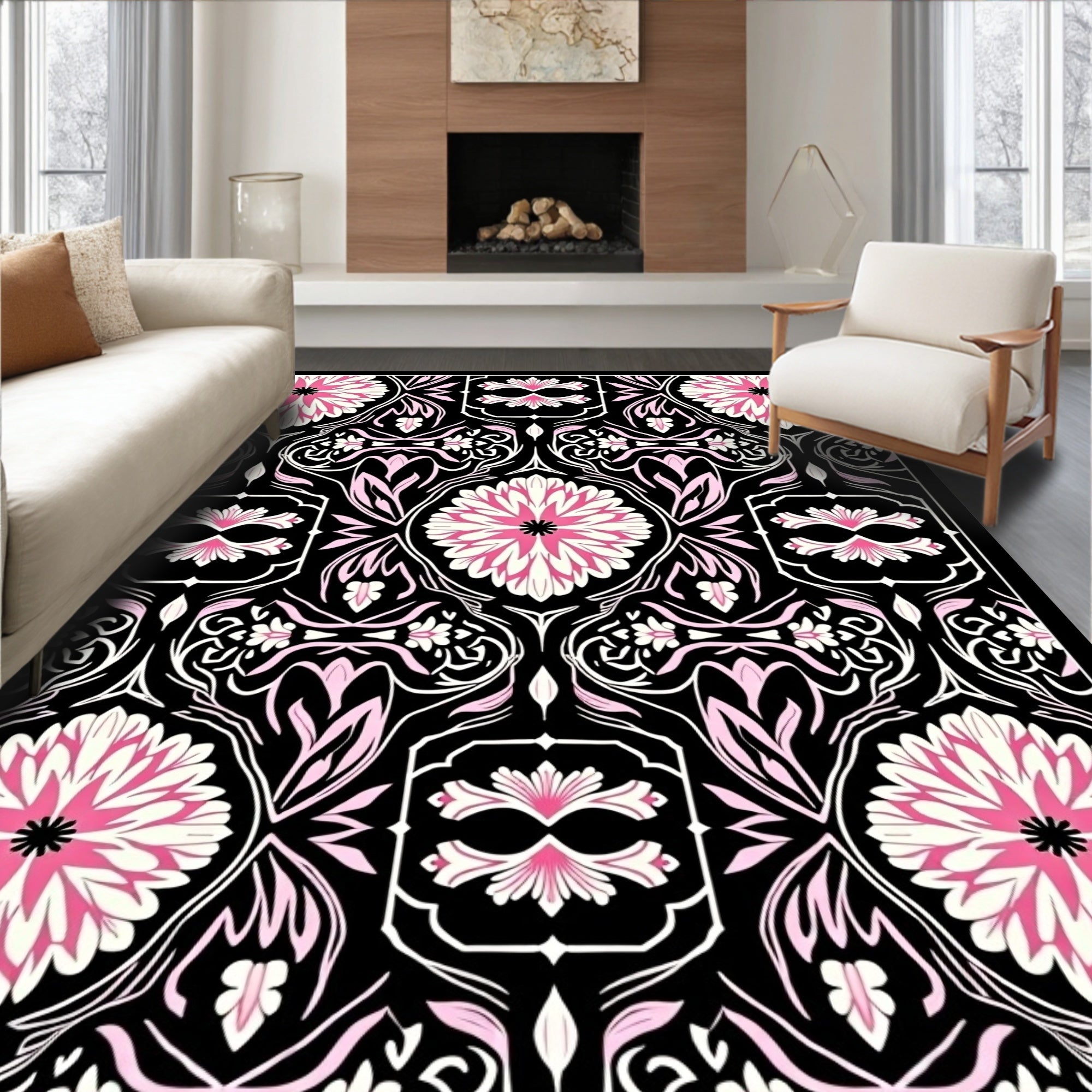 Ornate Pink Floral Black Garden Rug