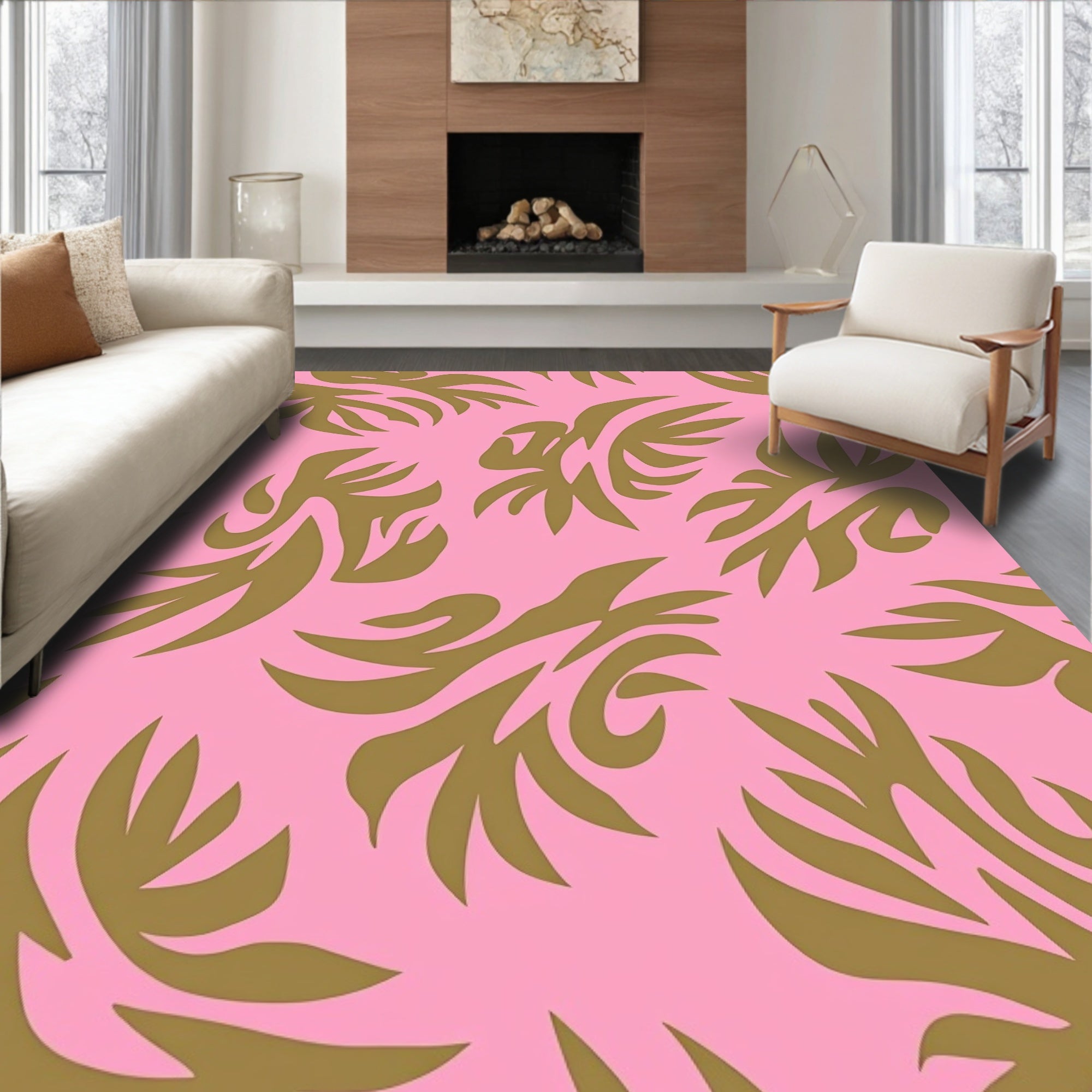 Pink and Gold Abstract Foliage Rug