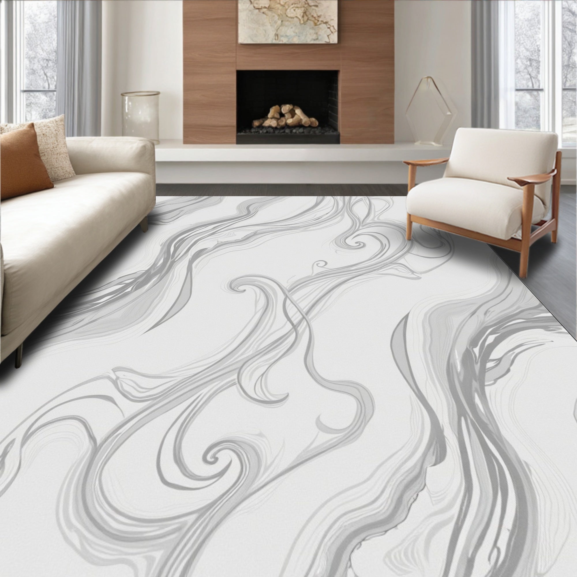 Abstract Grey Swirls Lines Pattern Rug