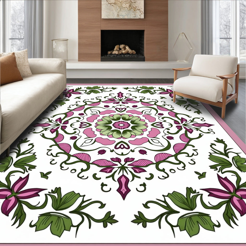 Floral Mandala With Pink And Green Accents Rug