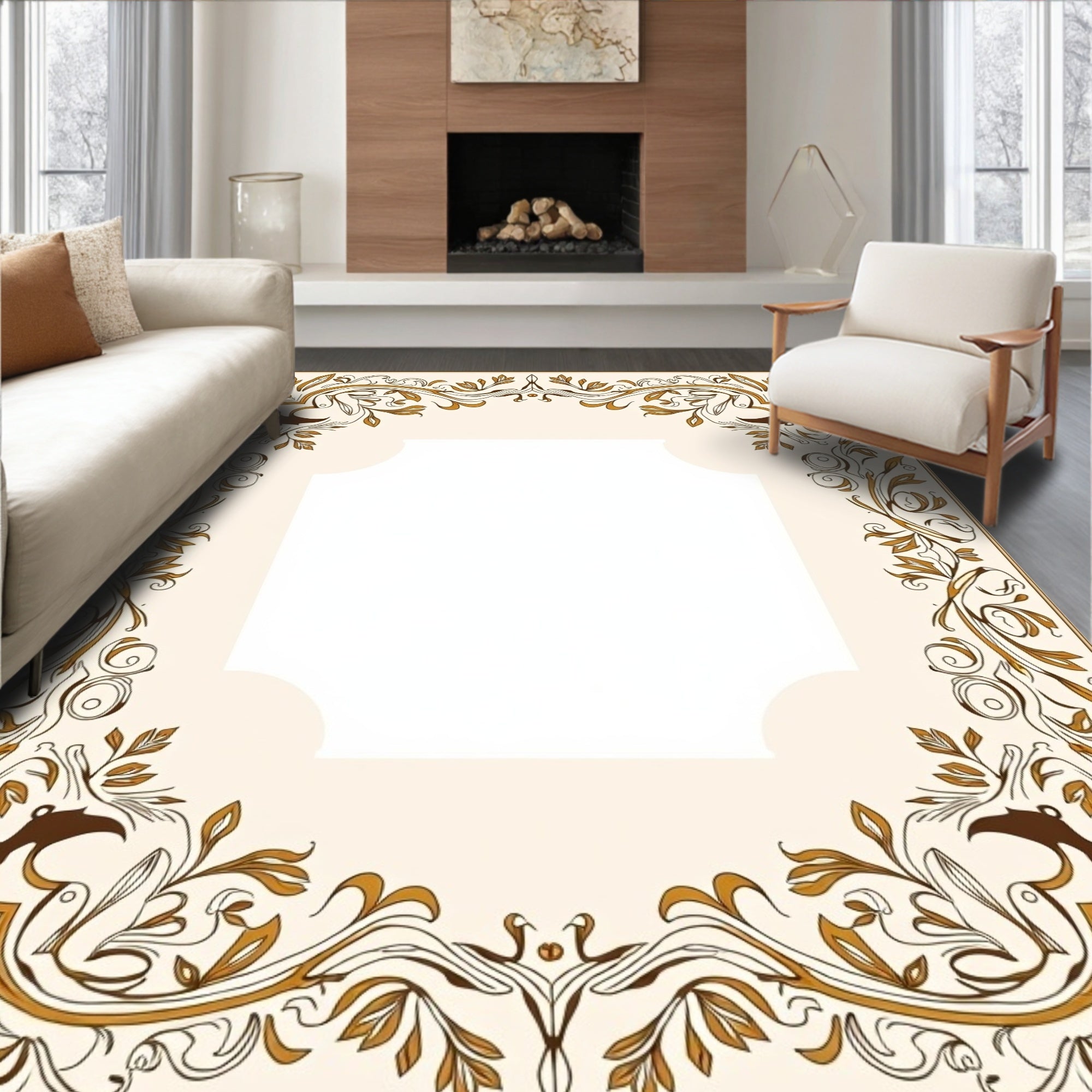 Elegant Floral Scrollwork Detailed Frame Rug