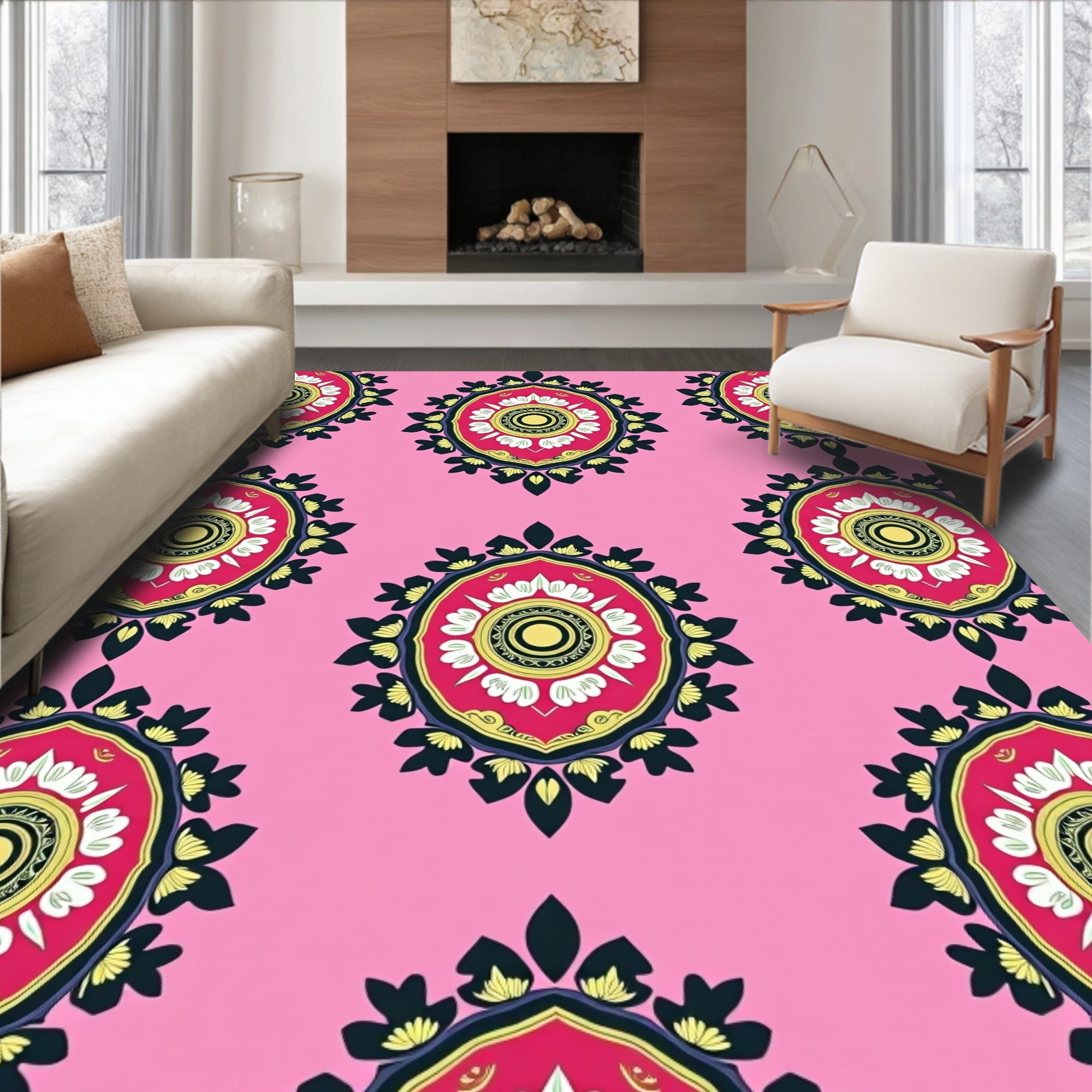 Pink Floral Medallion Pattern Rug