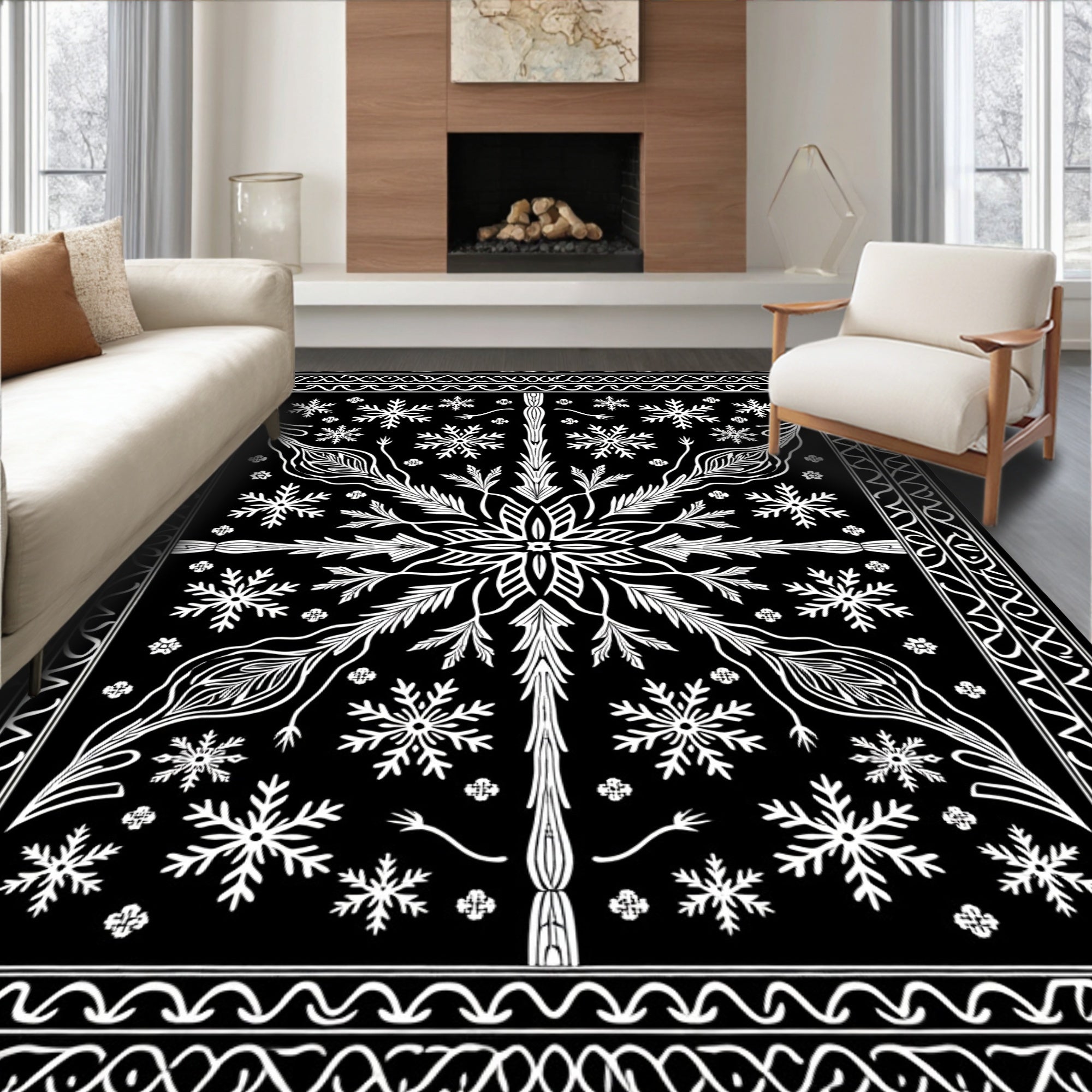 Black and White Snowflake Floral Mandala Rug