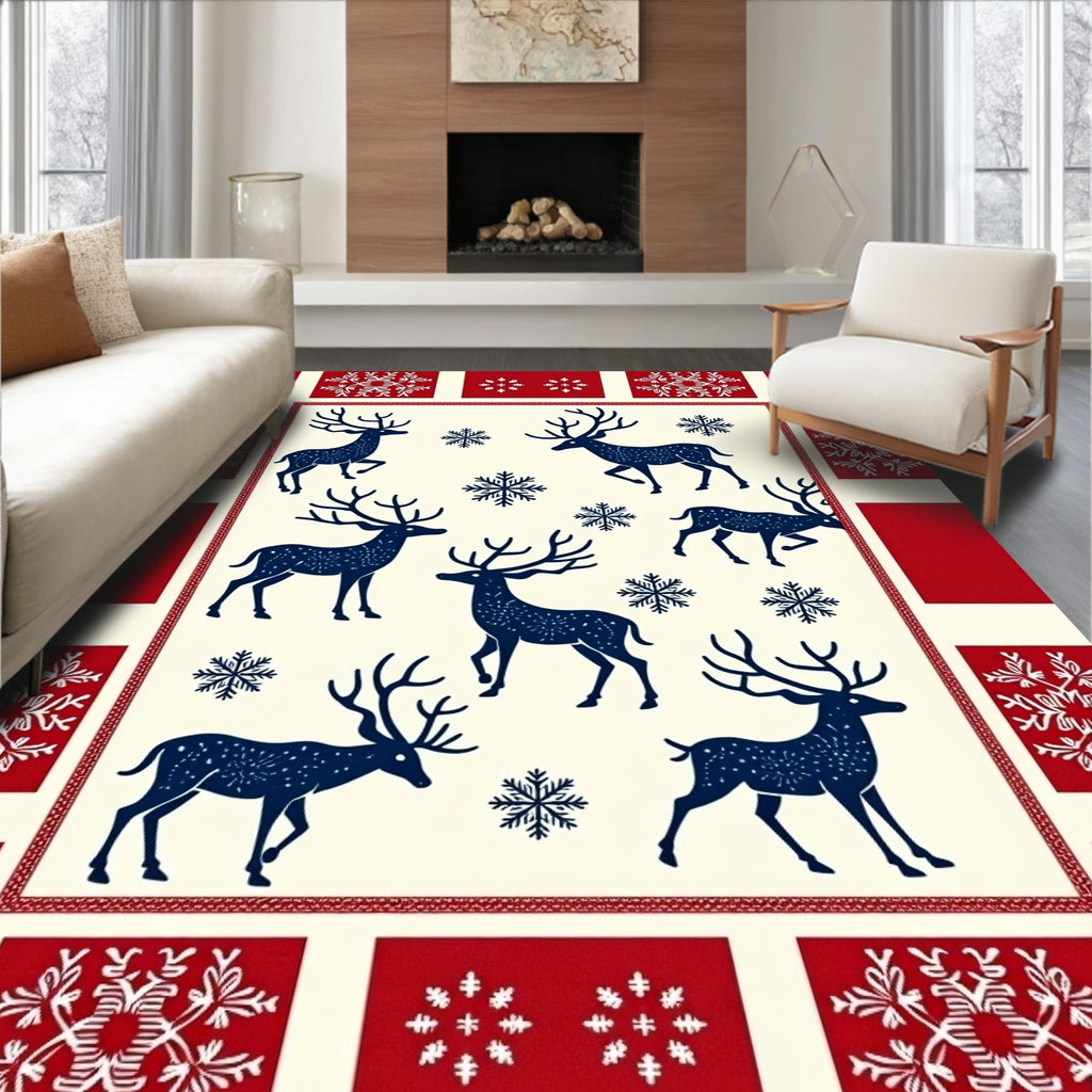 Navy Reindeer Snowflake Festive Pattern Rug