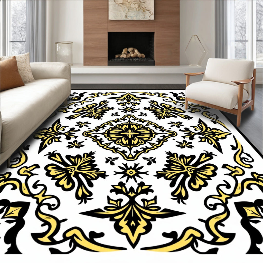 Classic Yellow Black Damask Design Rug
