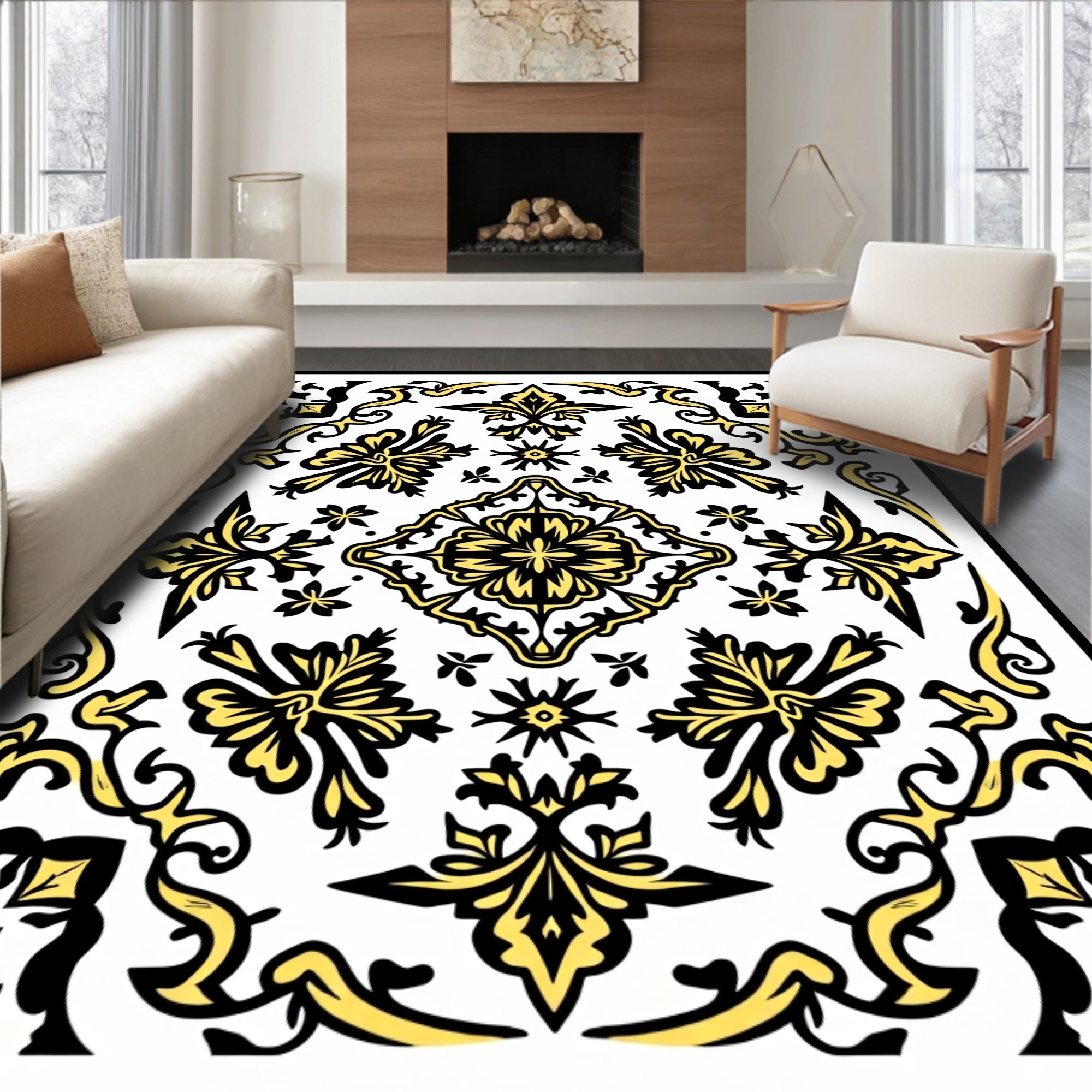 Classic Yellow Black Damask Design Rug