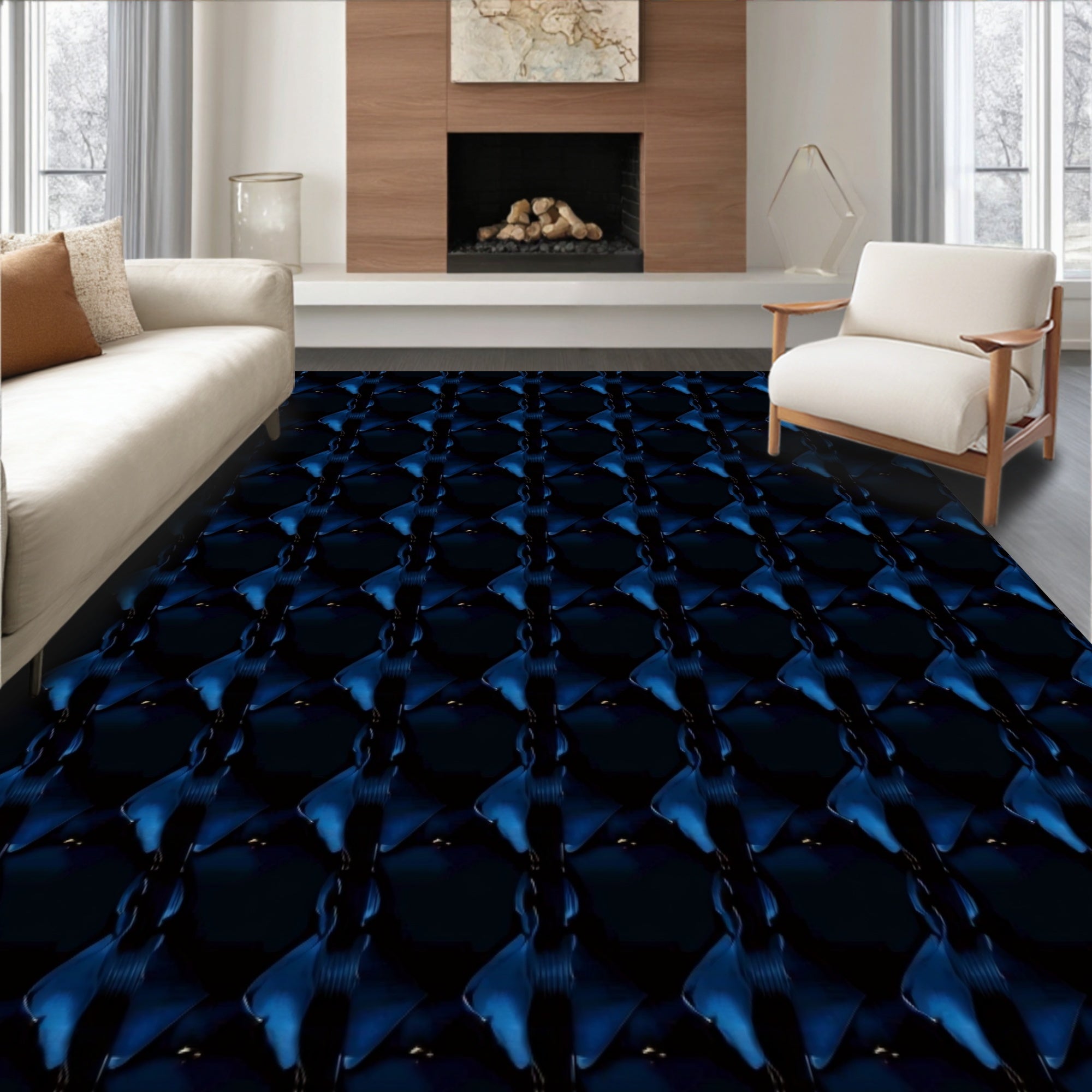 Deep Blue Glossy Diamond Pattern Rug