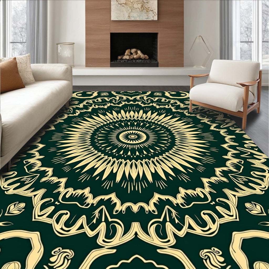 Intricate Golden Sunburst Mandala Design Rug