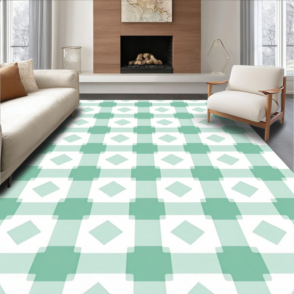 Soft Green Gingham Diamond Pattern Rug
