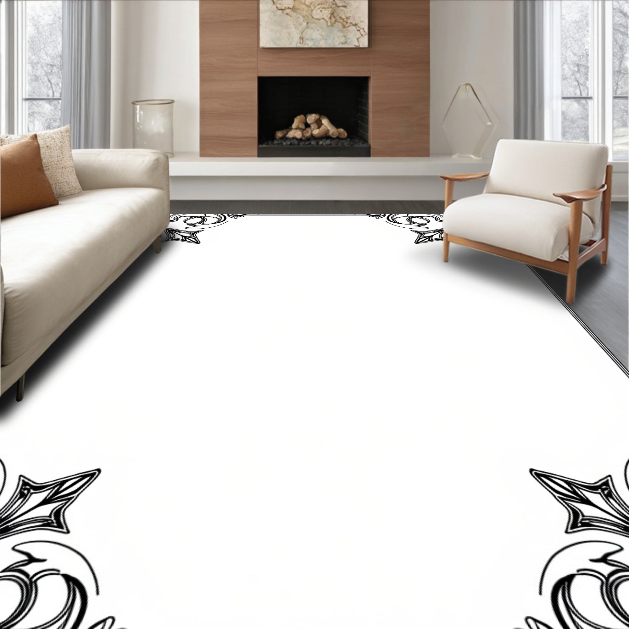 Classic Black Swirl Corner Pattern Rug
