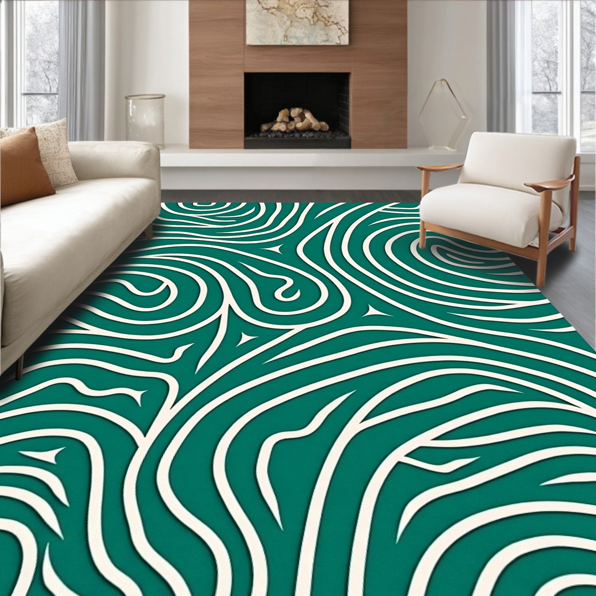 Abstract Teal Cream Swirl Pattern Rug