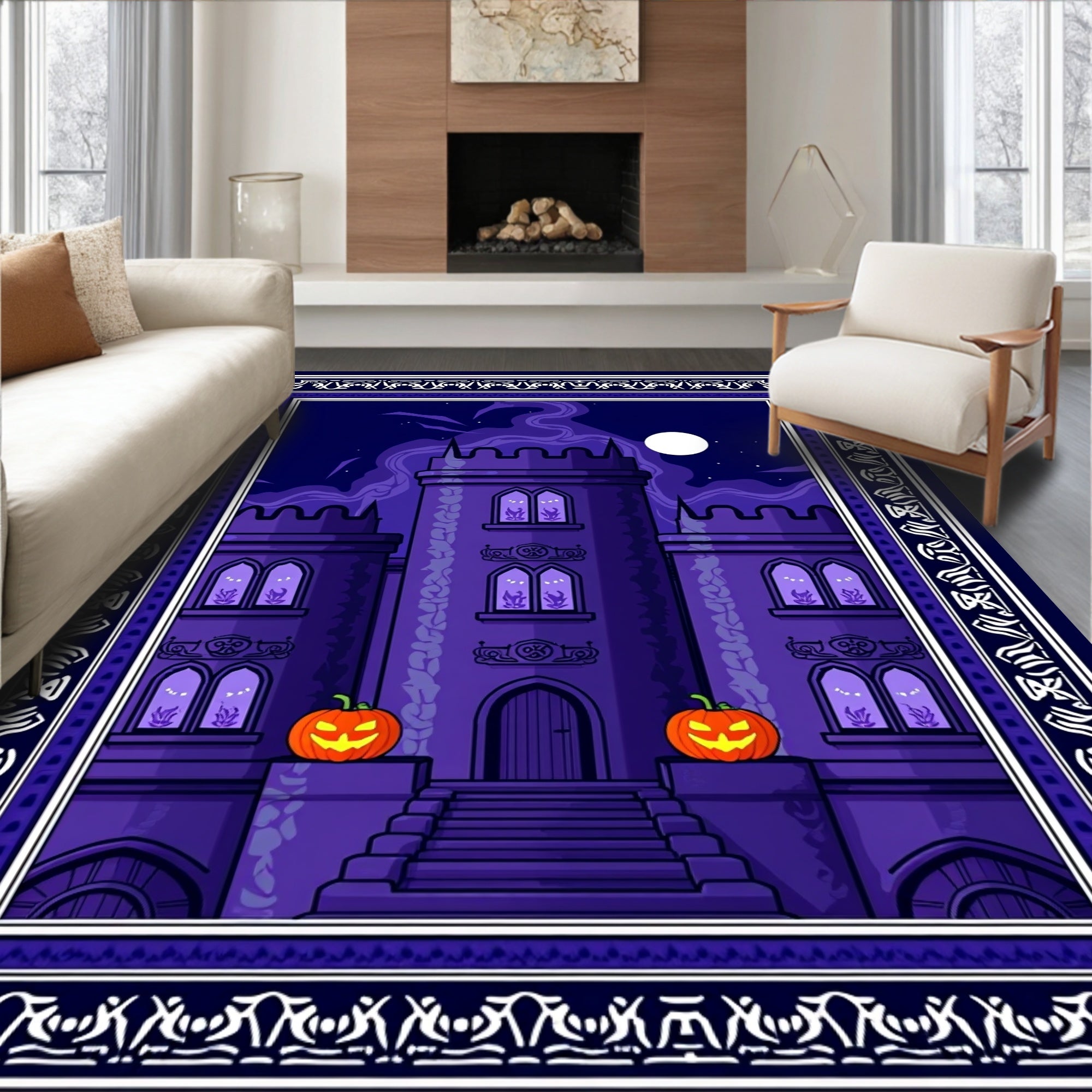Spooky Castle With Pumpkins Design Rug