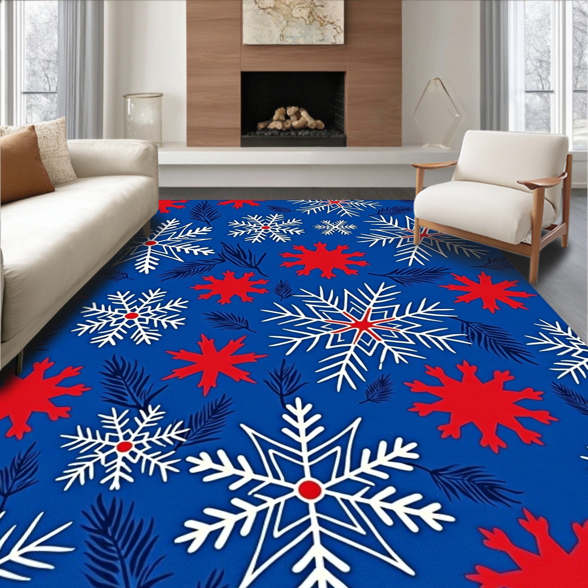 Red White Blue Winter Snowflake Pattern Rug
