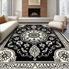 Black Floral Motif Mandala Design Rug