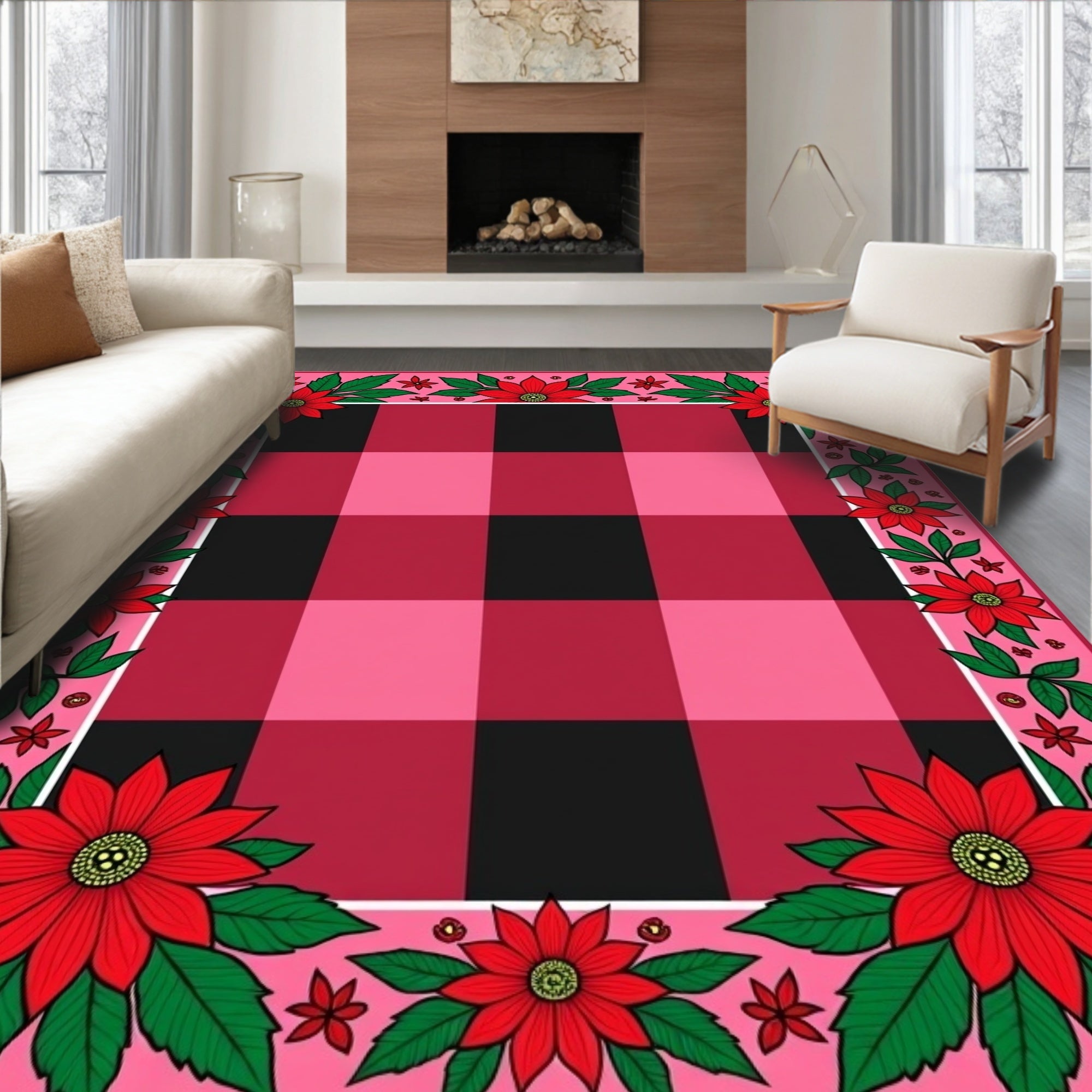 Red Buffalo Plaid Floral Border Rug