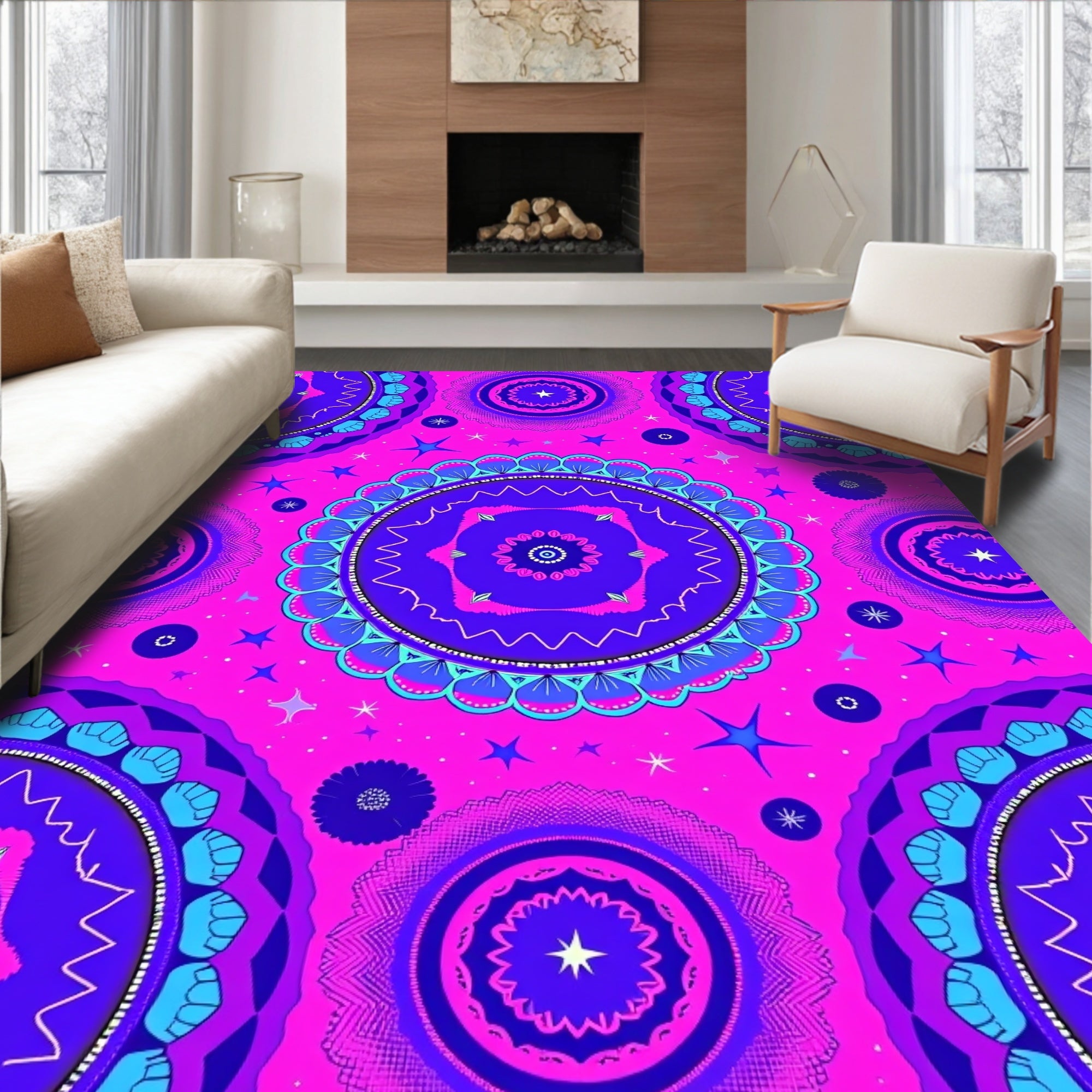 Vibrant Pink Blue Mandala Stars Rug