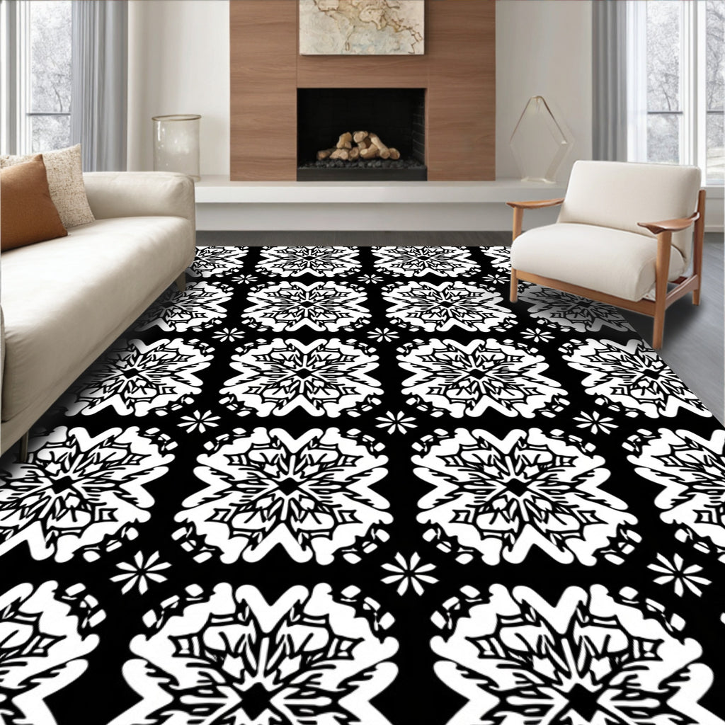 Black White Intricate Floral Pattern Rug