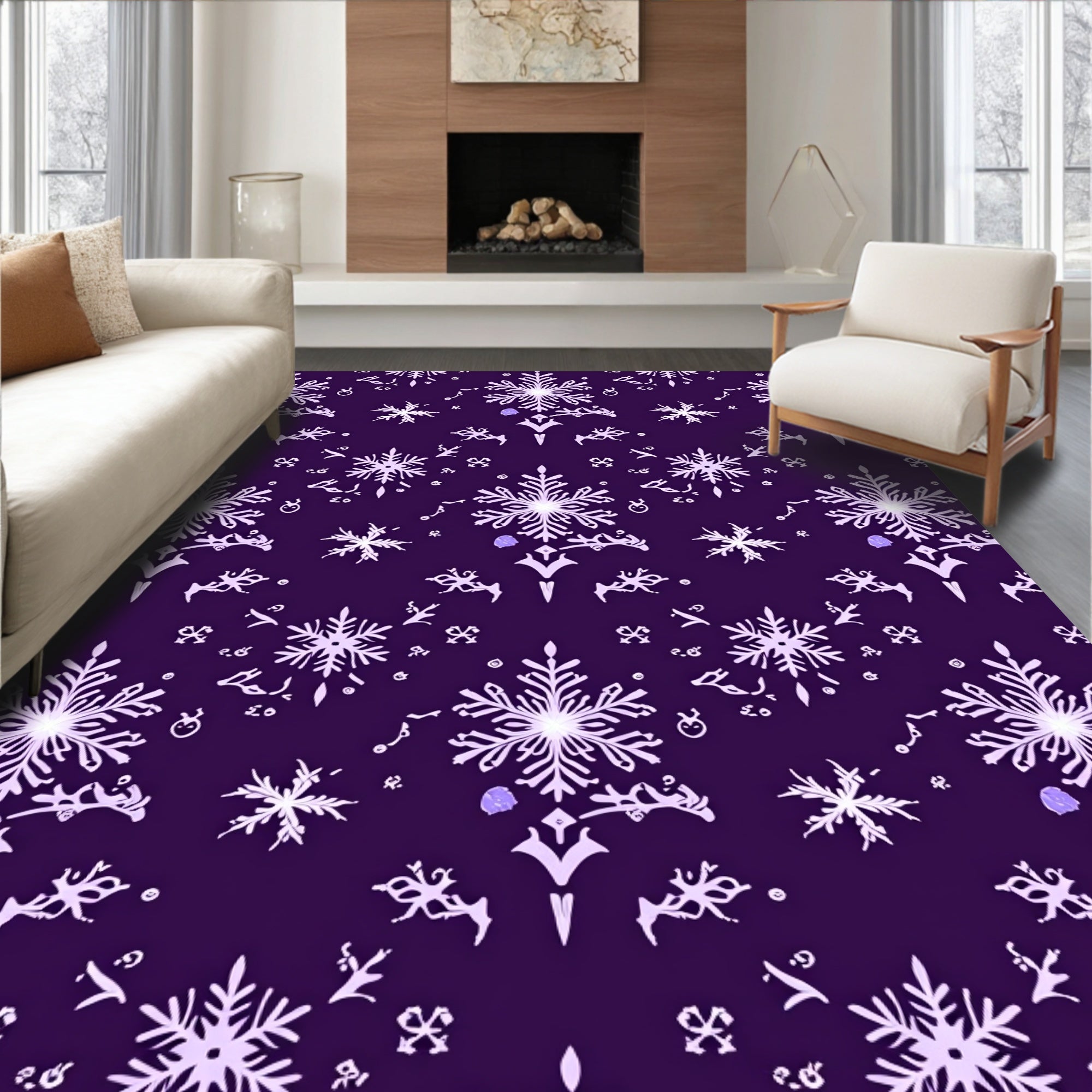 Festive Snowflake Patterned Dark Rug
