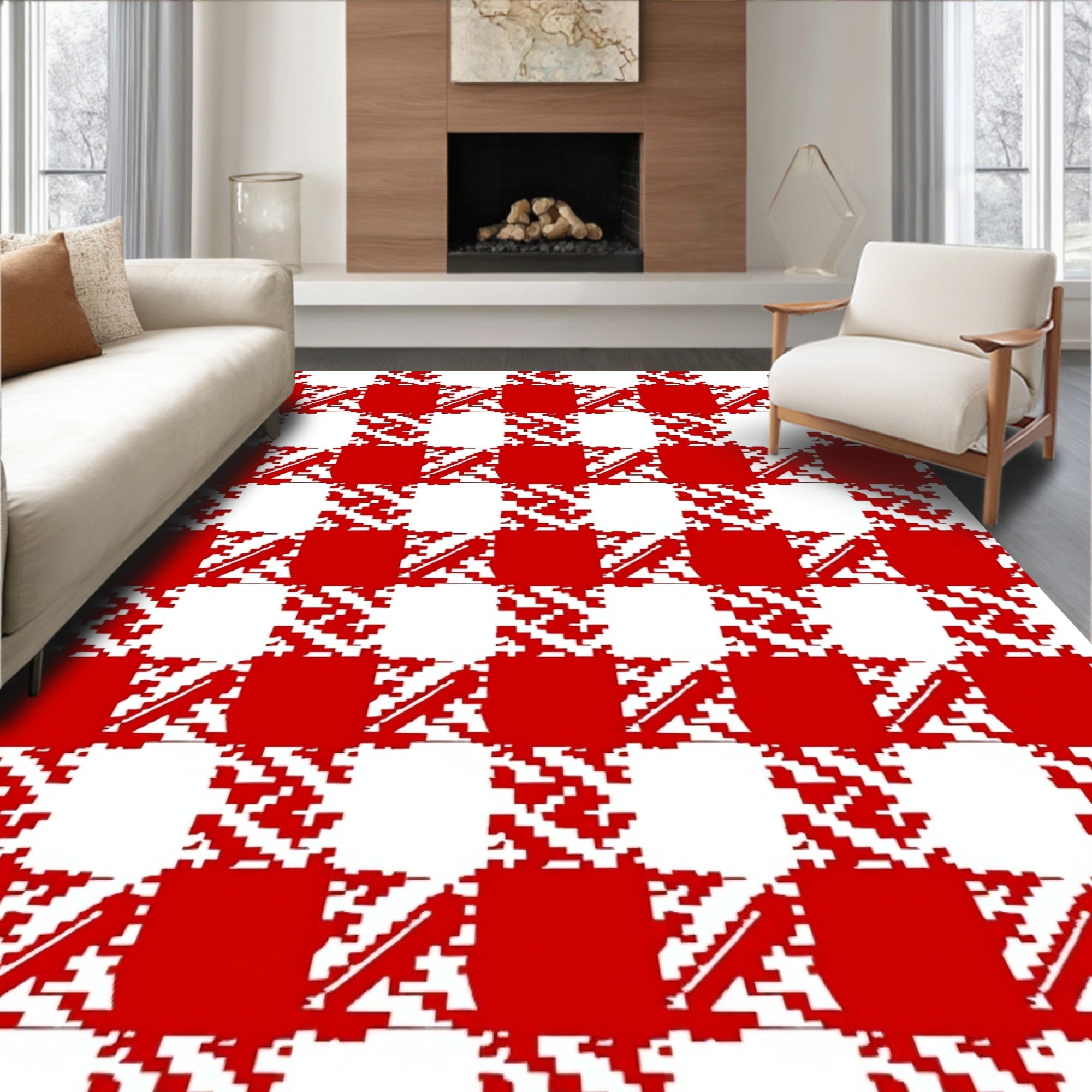Classic Red Houndstooth Pattern Rug