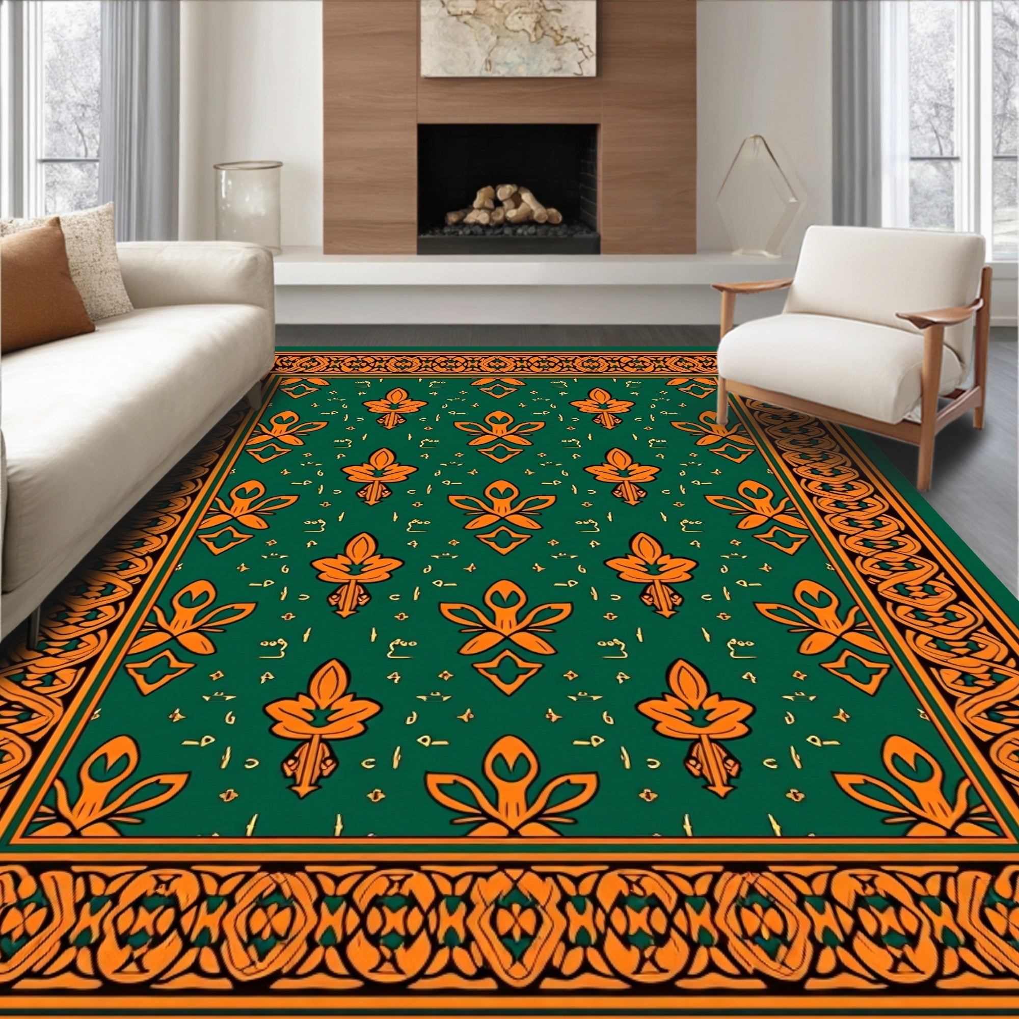 Ornate Floral Patterned Emerald Rug