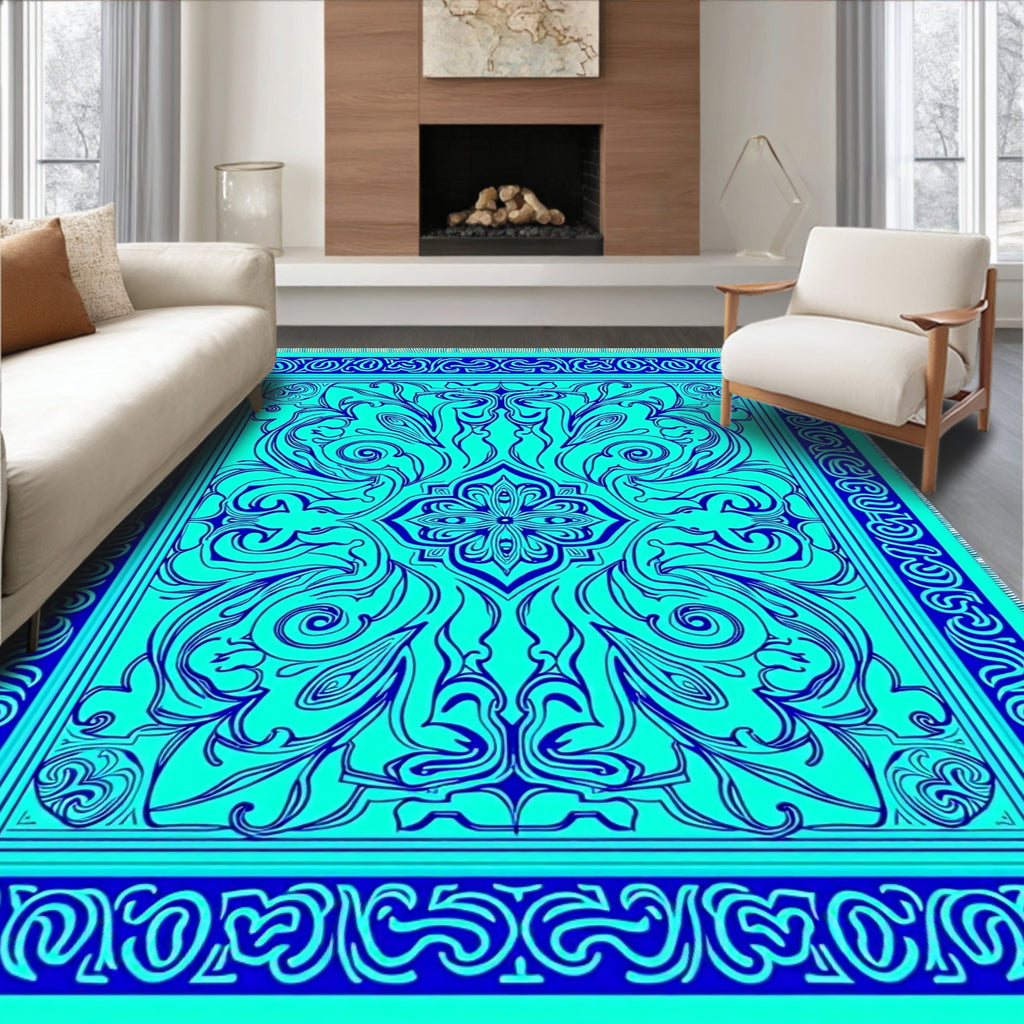 Intricate Cyan Floral Art Deco Rug