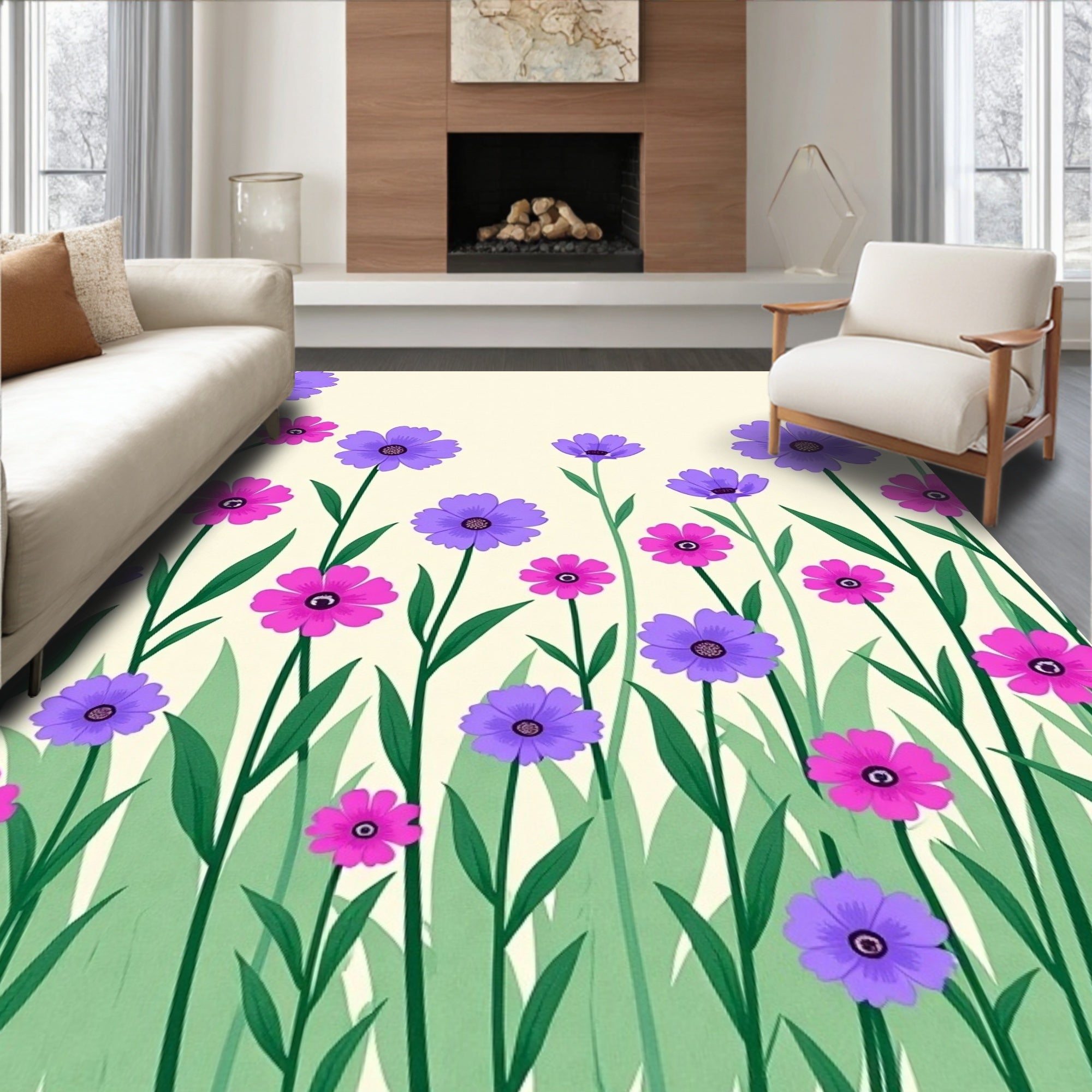 Purple Pink Floral Field Design Rug