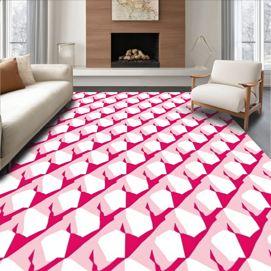 Modern Geometric Pink White Pattern Rug