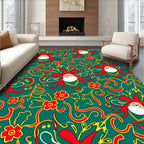 Whimsical Red Floral Swirls Teal Rug