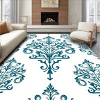 Symmetrical Teal Damask Scrollwork Pattern Rug