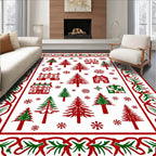Winter Village Red Green Trees Snowflakes Rug