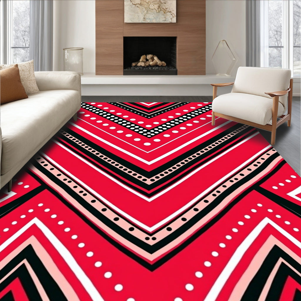 Red Chevron Geometric Dot Pattern Rug