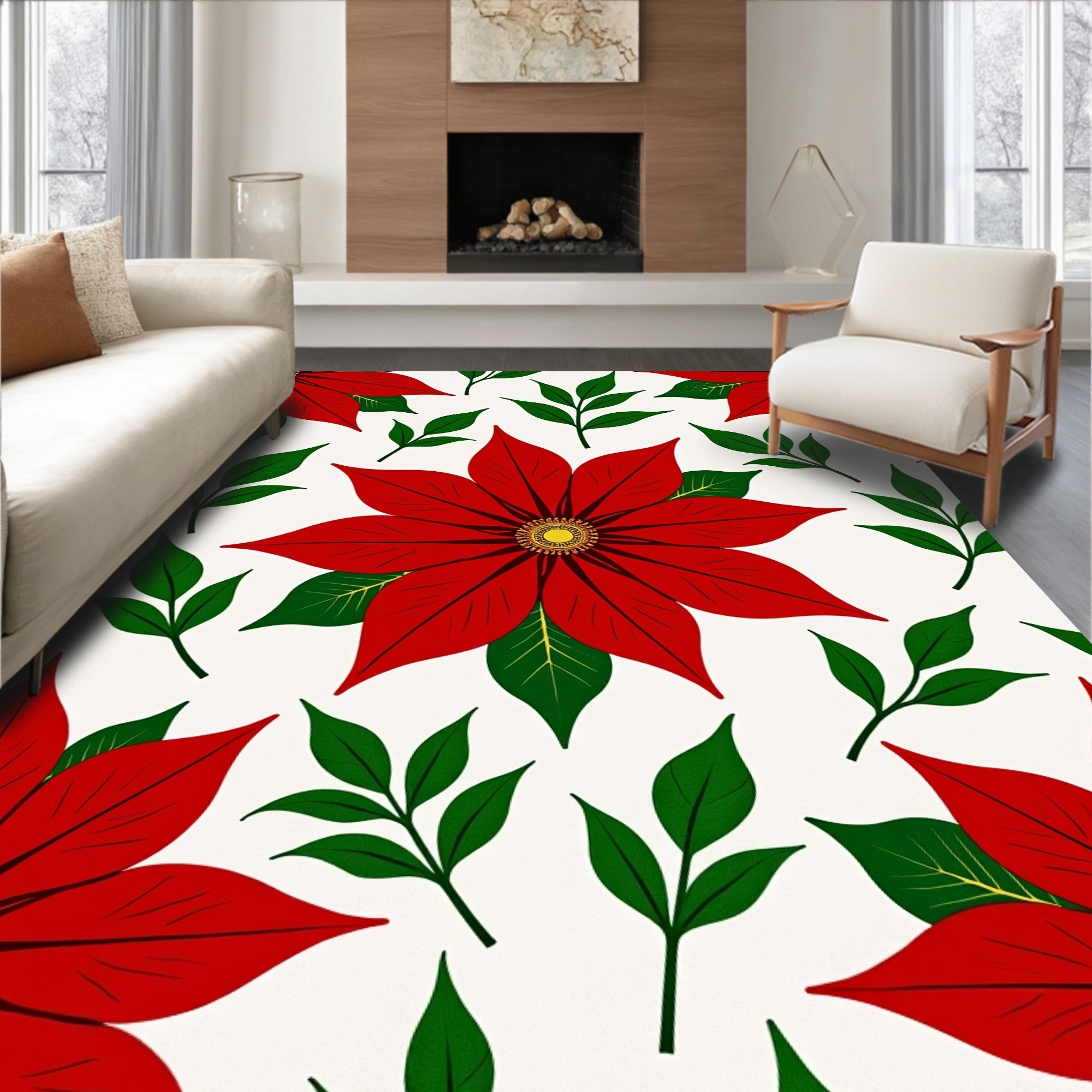 Floral Poinsettia Red Green Pattern Rug