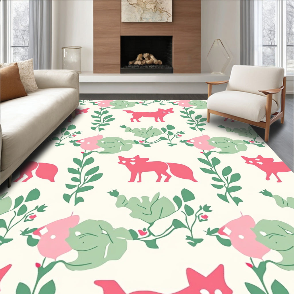Whimsical Fox Floral Pattern Rug