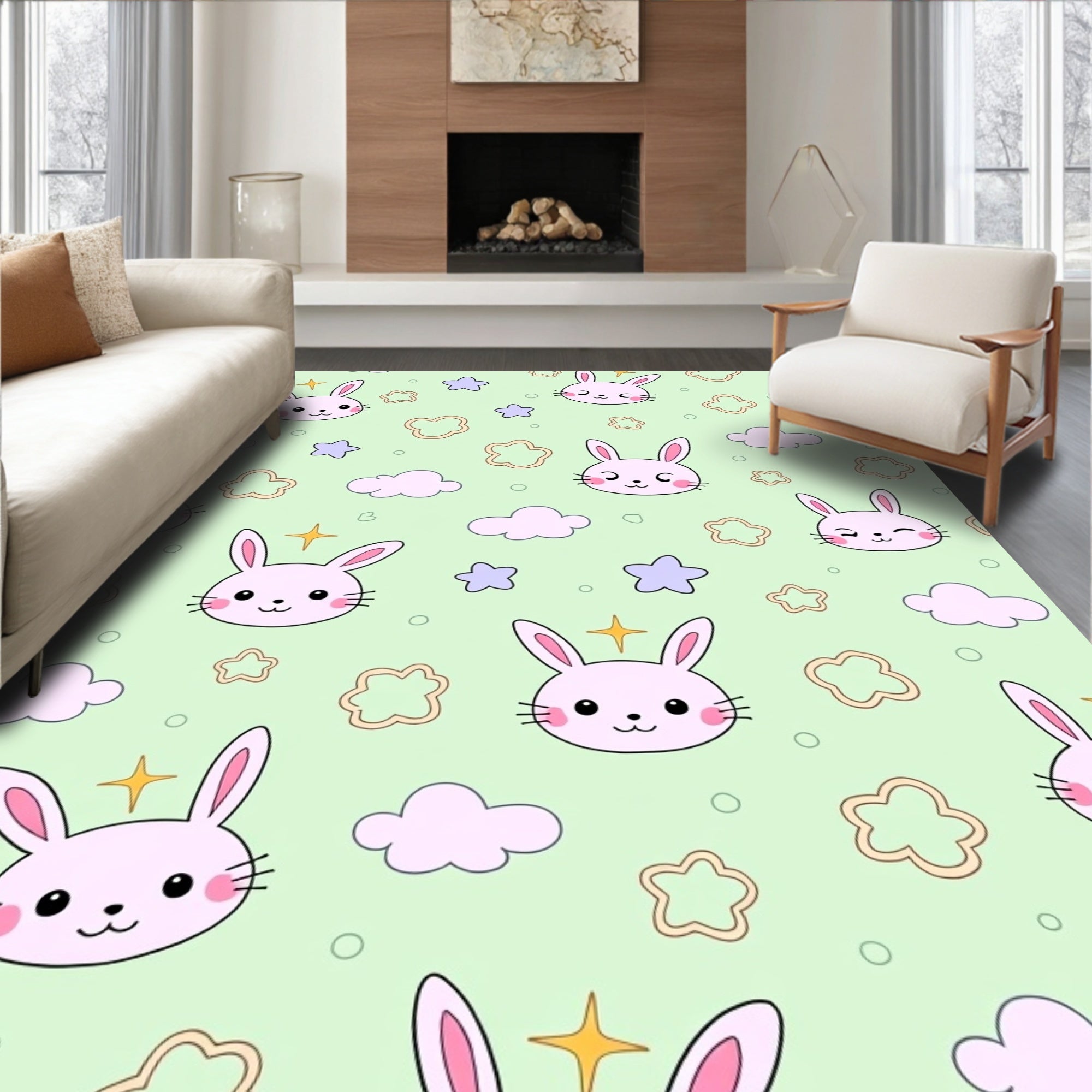 Cute Bunny Cloud Star Pattern Rug