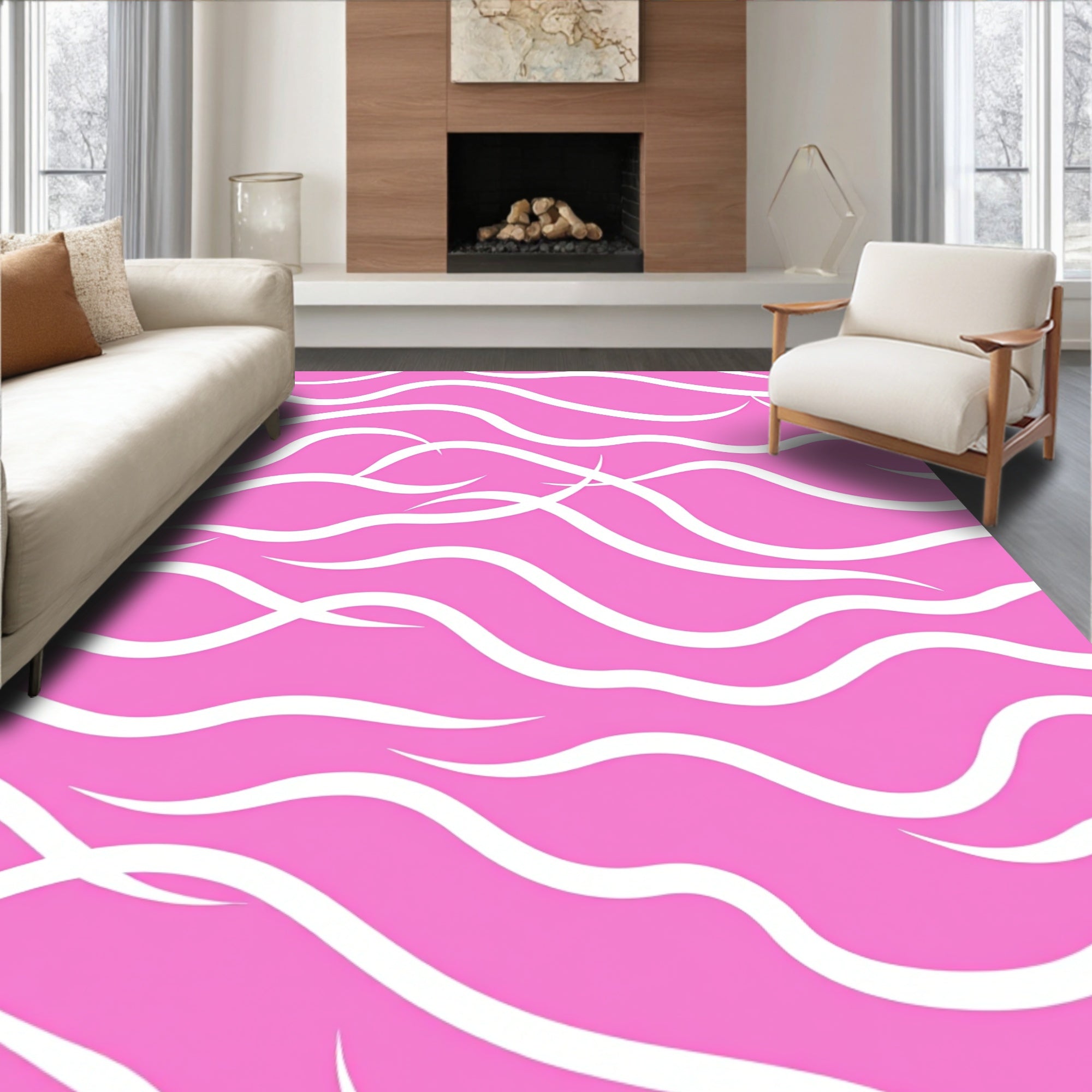 Abstract Pink Wavy Stripe Design Rug