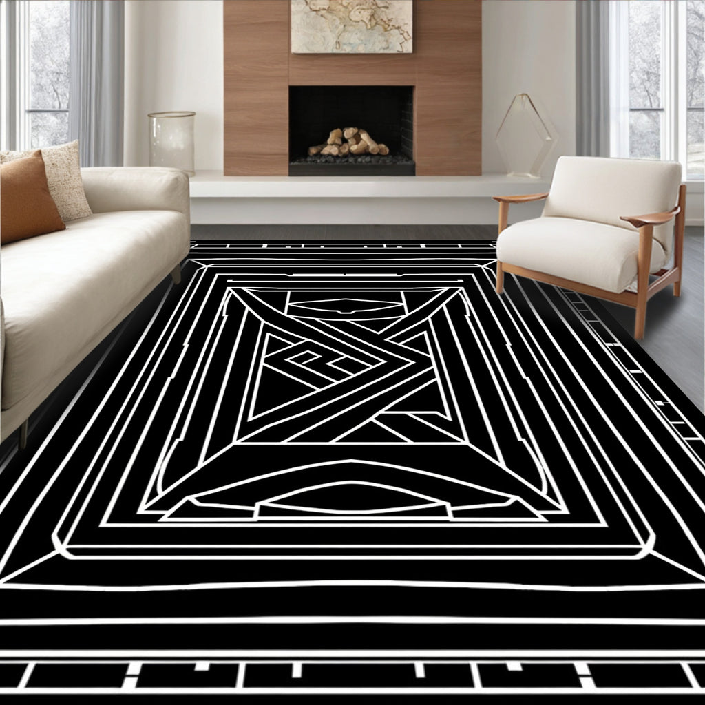 Modern Geometric Black White Art Deco Design Rug